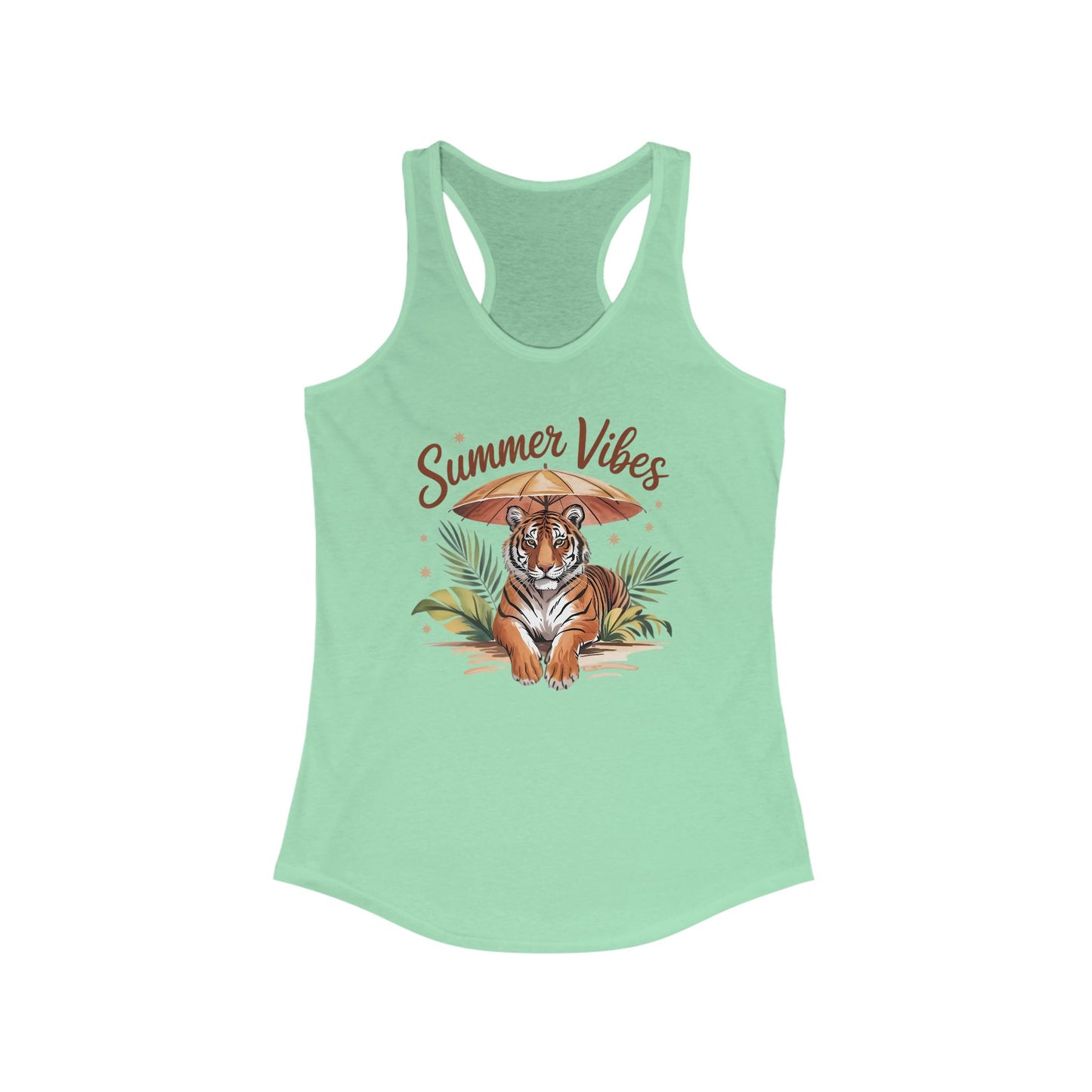 Camiseta de tirantes Summer Vibes Tiger con espalda nadadora – Diseño de palmeras de la selva con paraguas | 15 opciones de color