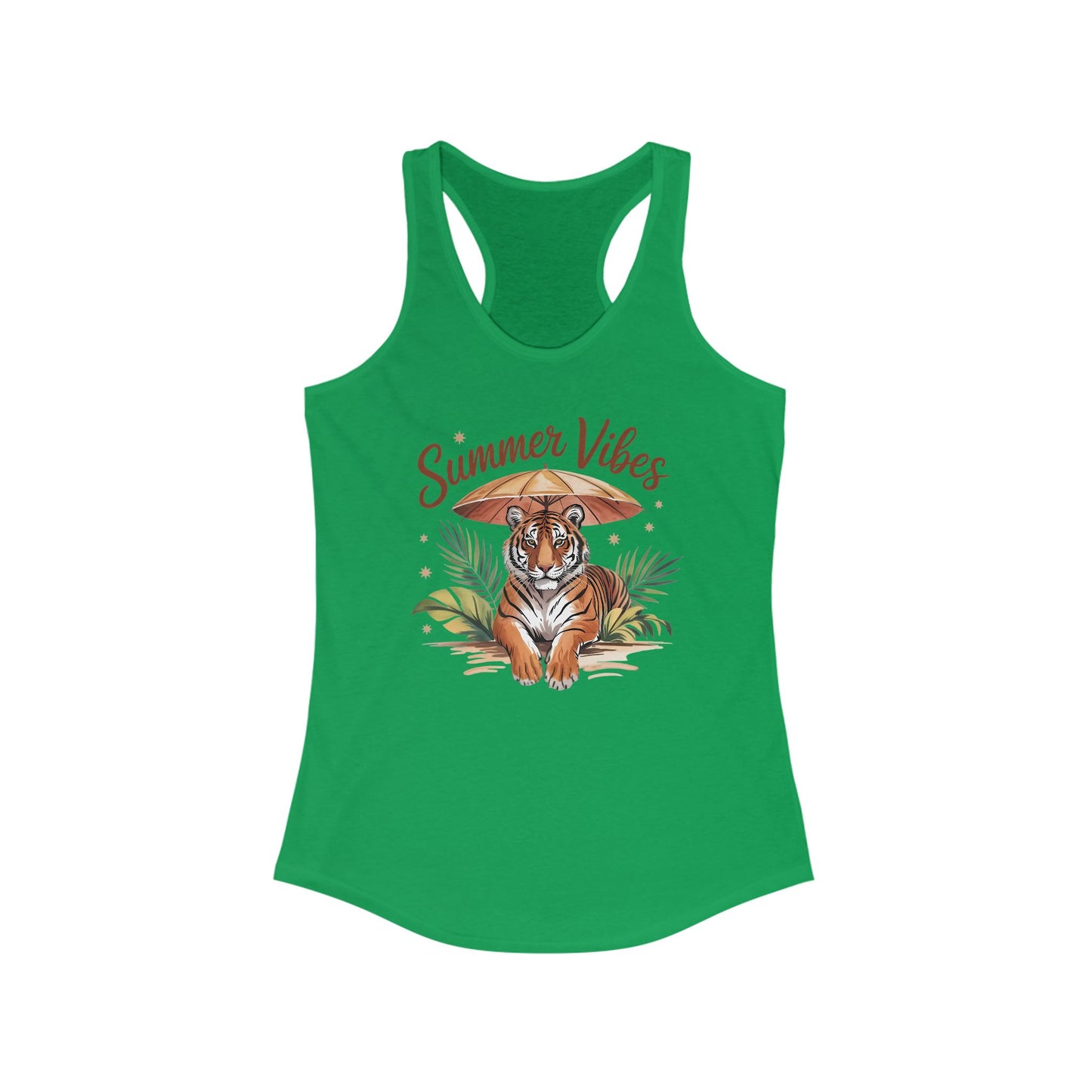 Camiseta de tirantes Summer Vibes Tiger con espalda nadadora – Diseño de palmeras de la selva con paraguas | 15 opciones de color