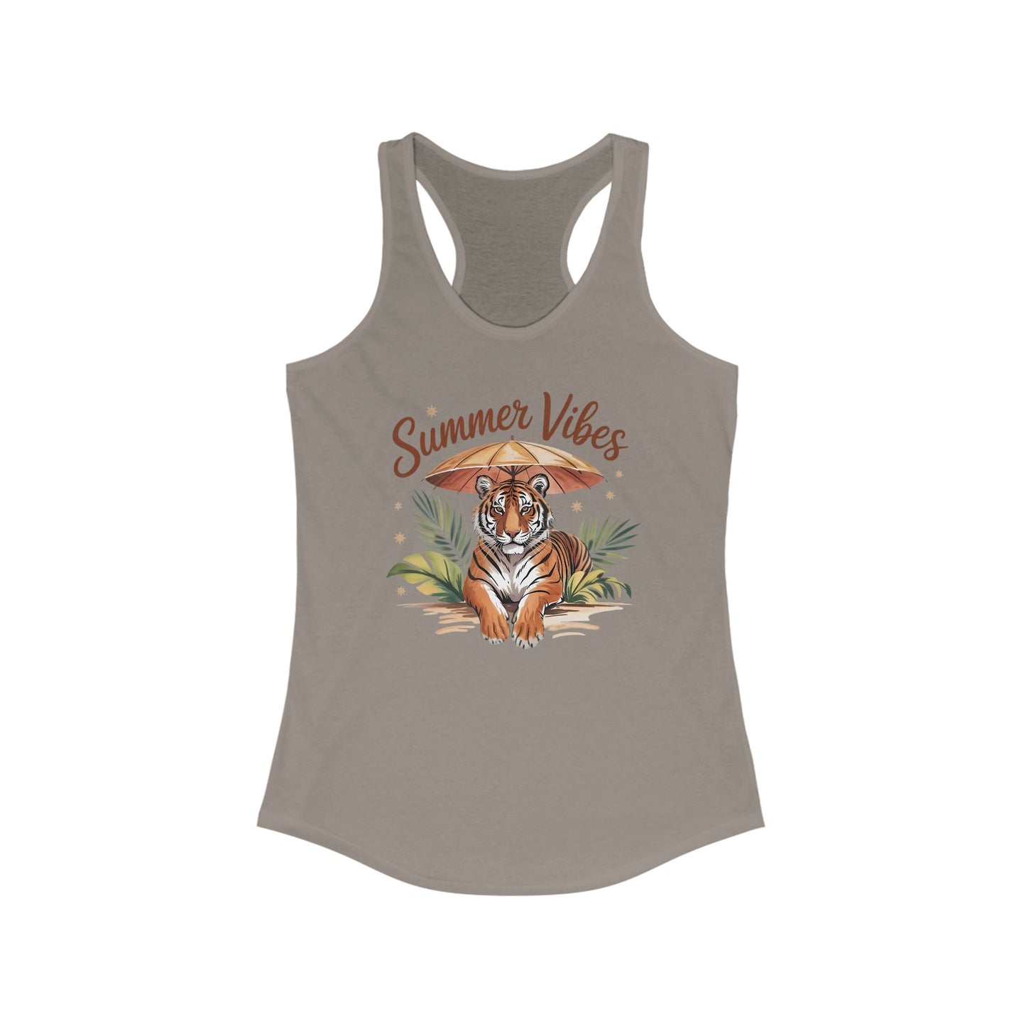 Camiseta de tirantes Summer Vibes Tiger con espalda nadadora – Diseño de palmeras de la selva con paraguas | 15 opciones de color