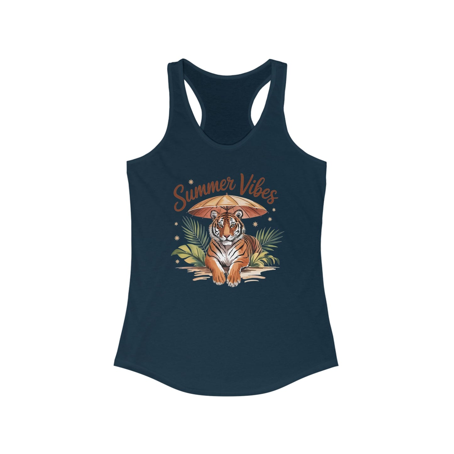 Camiseta de tirantes Summer Vibes Tiger con espalda nadadora – Diseño de palmeras de la selva con paraguas | 15 opciones de color