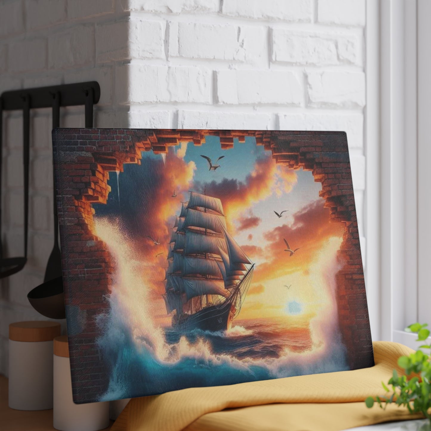Tabla de cortar de vidrio templado de un majestuoso velero que atraviesa una pared de ladrillos desmoronada