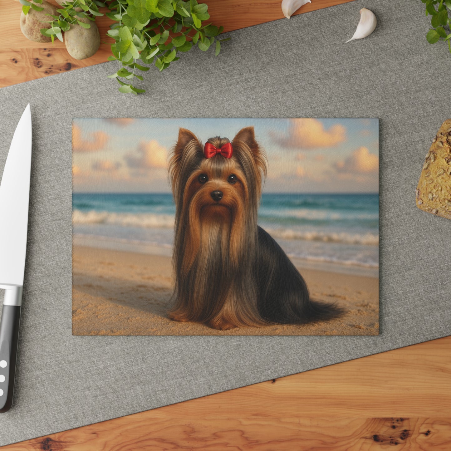 🐾🌊 Yorkie at the Beach Cutting Board – Coastal Glamour for Your Kitchen 🌴
