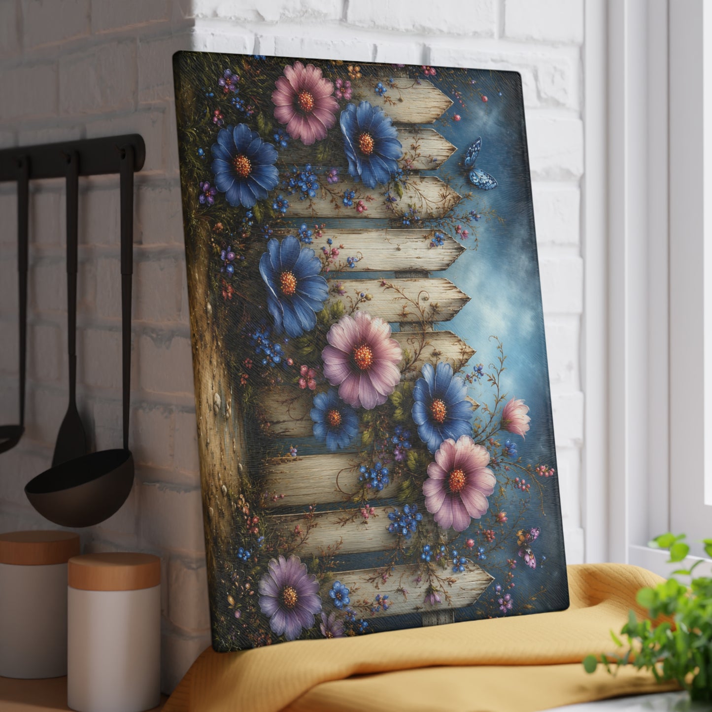 Vintage Floral Fence Glass Cutting Board
