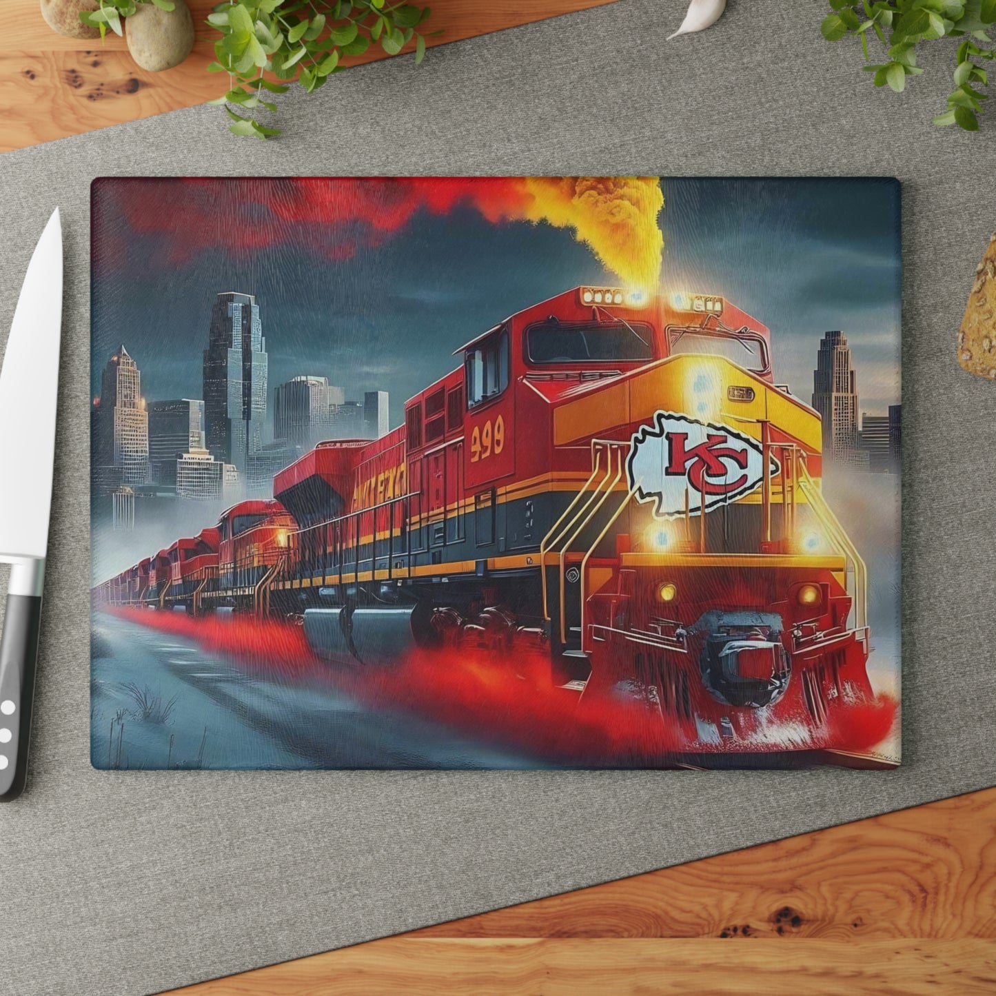 Tabla de cortar de vidrio Express roja y dorada: exhibición de cocina con un llamativo diseño de tren