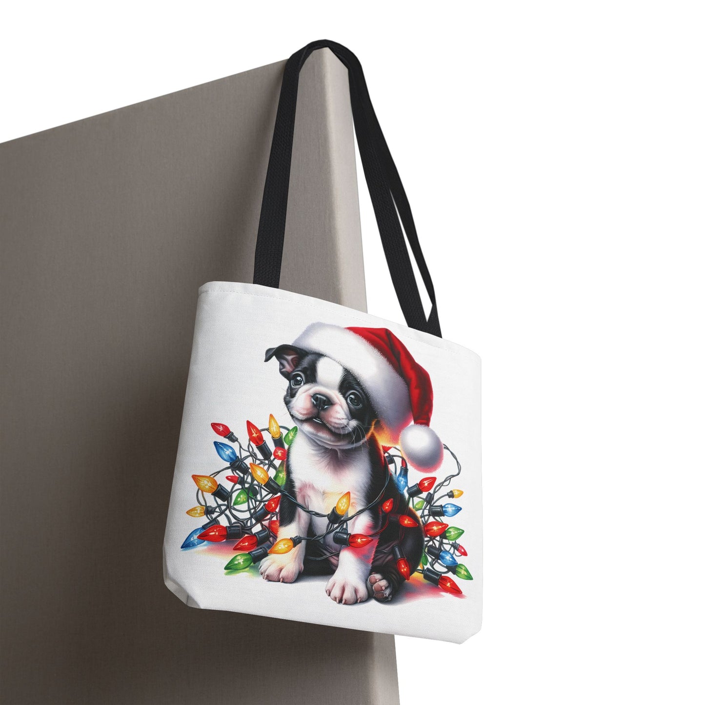 👜 Boston Terrier Christmas Lights Tote Bag – Holiday Sparkle Meets Puppy Love 🎄