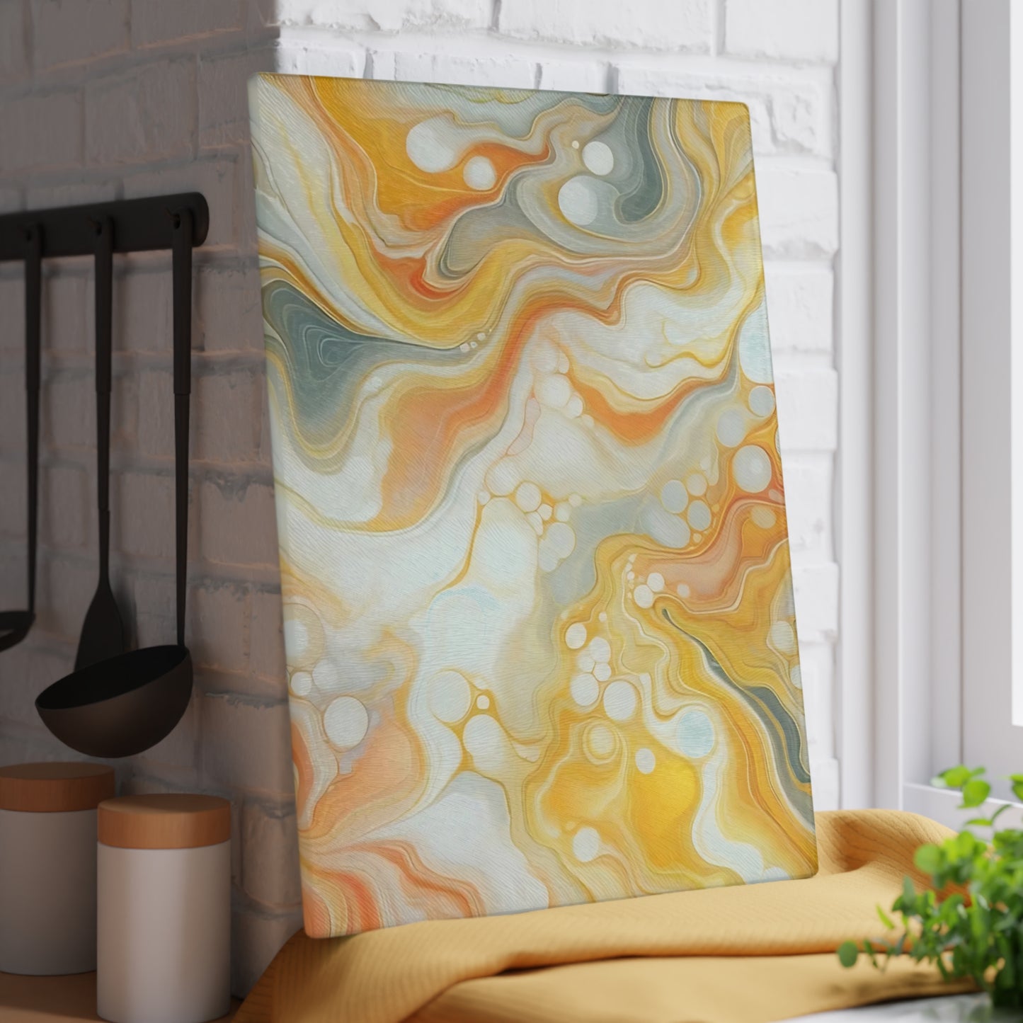 Tabla de cortar de vidrio templado con efecto mármol amarillo, gris y naranja: elegante decoración de cocina con aspecto de mármol, ideal para regalar y funcional.