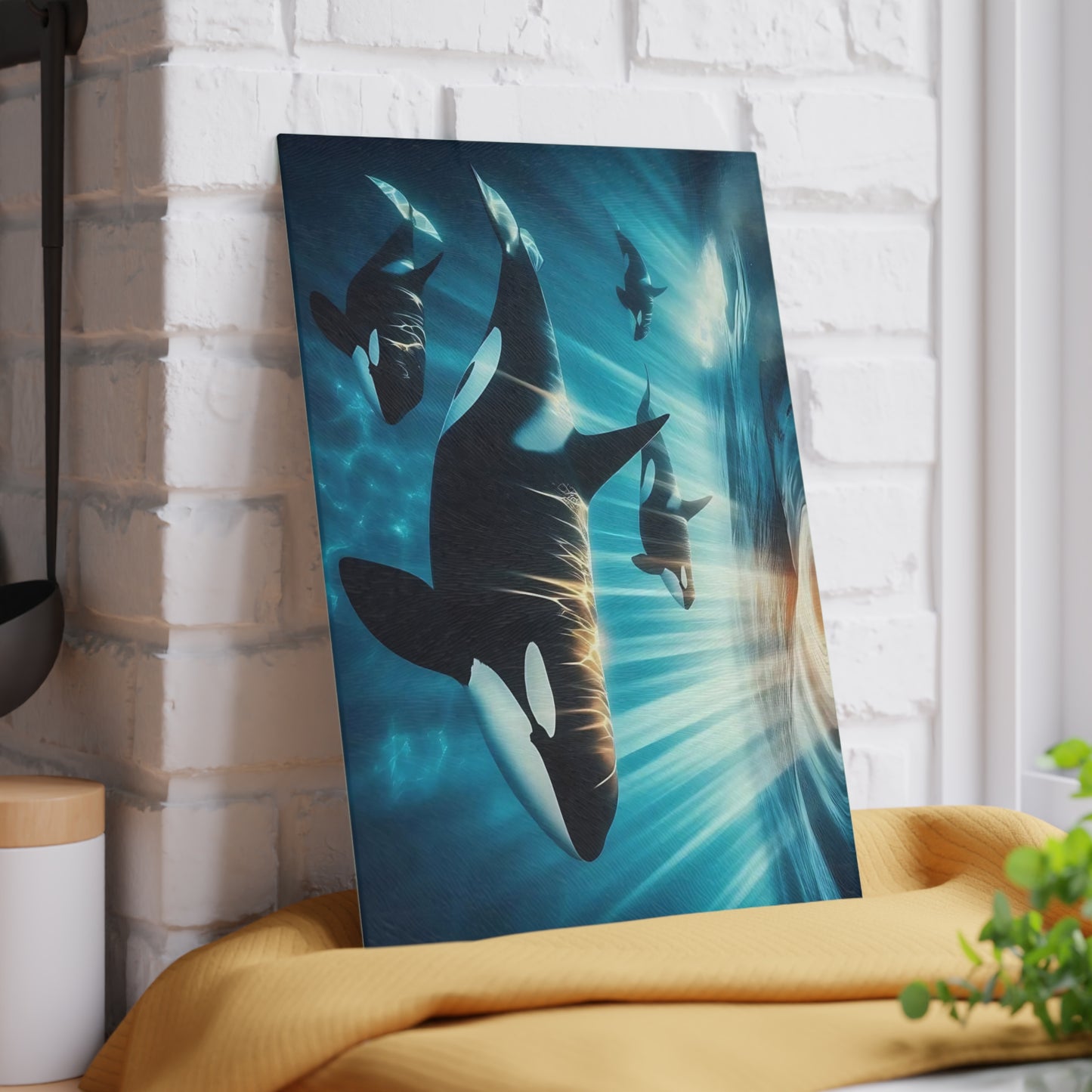 Ocean Guardians Glass Cutting Board – Orca Family Beneath Sunlit Waters