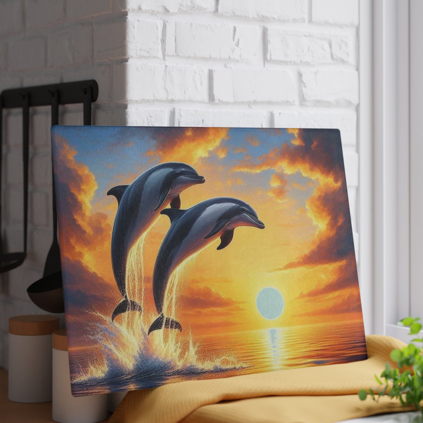 Tabla de cortar con forma de delfín, decoración de casa de playa, tabla de cortar de vidrio templado, amantes del océano, amantes del atardecer, regalo para amantes de los delfines, tabla de charcutería.