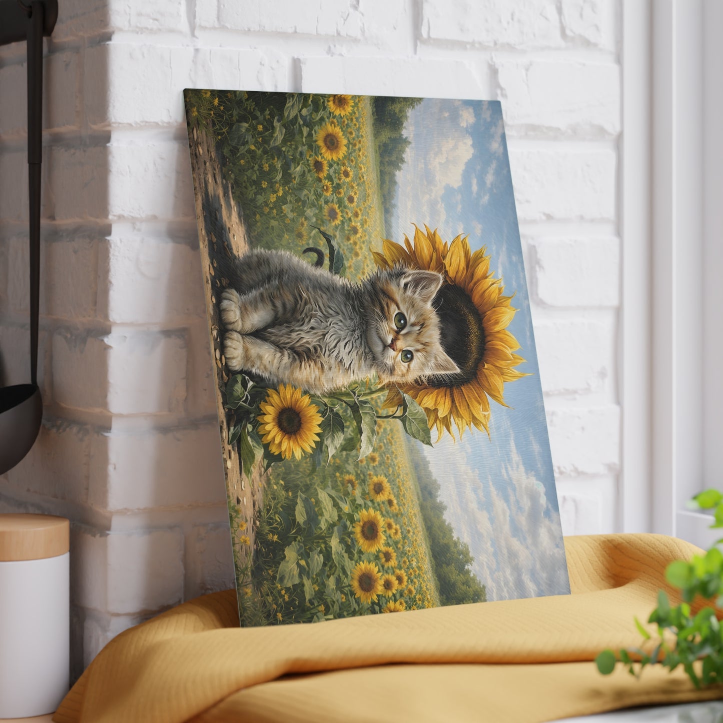 Sunflower Kitten Glass Cutting Board – Whimsical Floral Cat Art Kitchen Decor