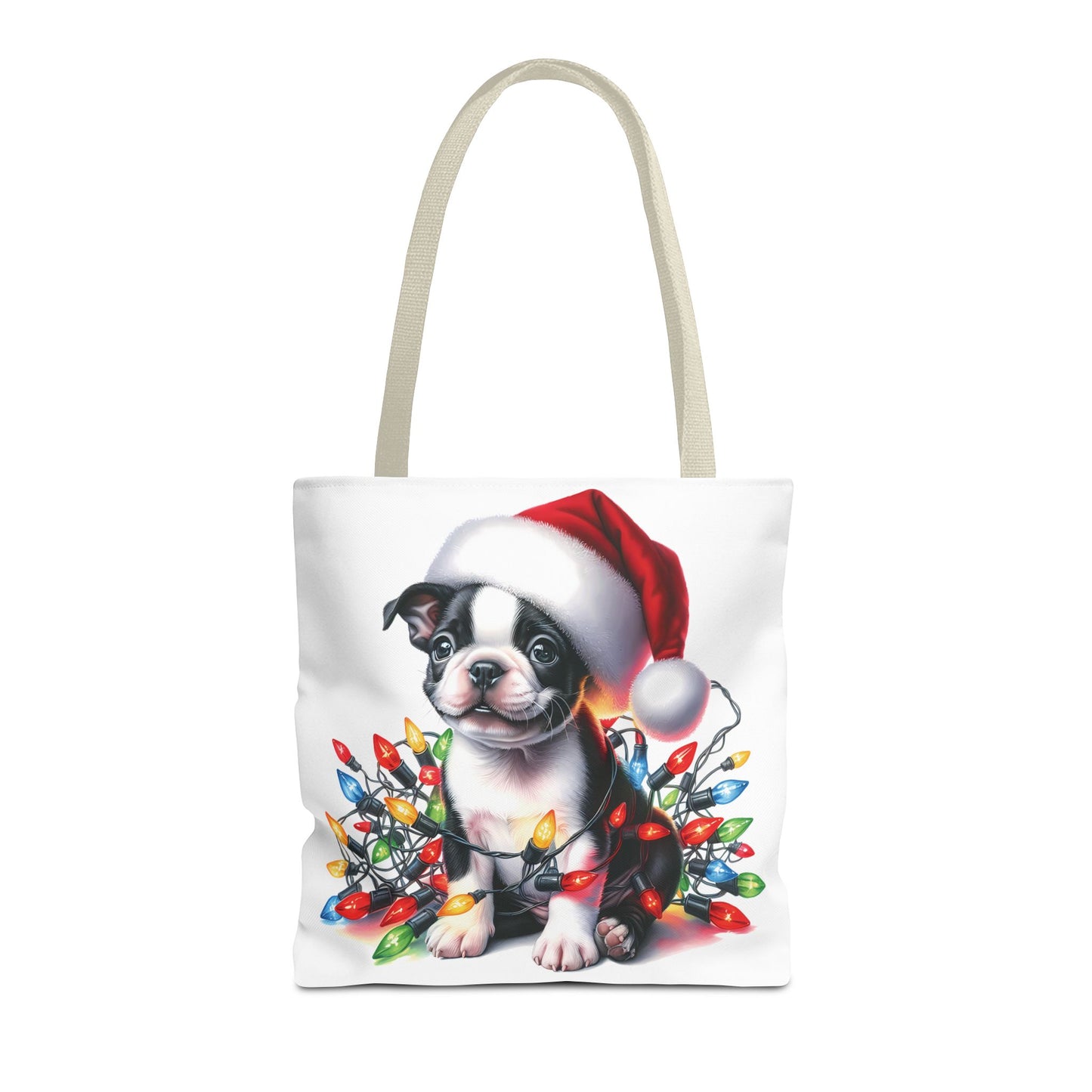 👜 Boston Terrier Christmas Lights Tote Bag – Holiday Sparkle Meets Puppy Love 🎄