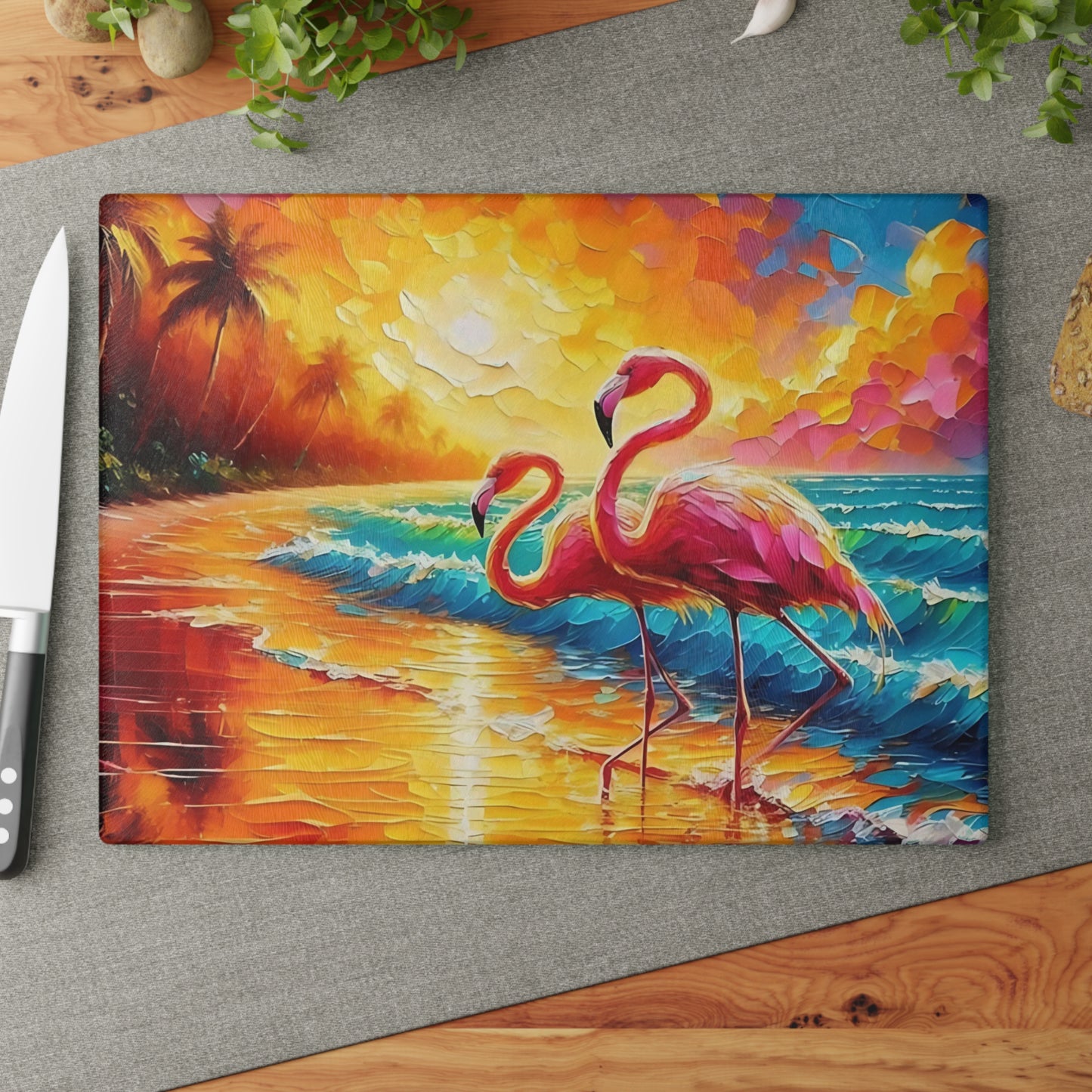 Tabla de cortar - Tabla de cortar de vidrio templado con diseño de flamenco rosa y atardecer en la playa, tabla de charcutería, tabla de cortar, regalo de inauguración de la casa, tabla de cortar personalizada, rústica