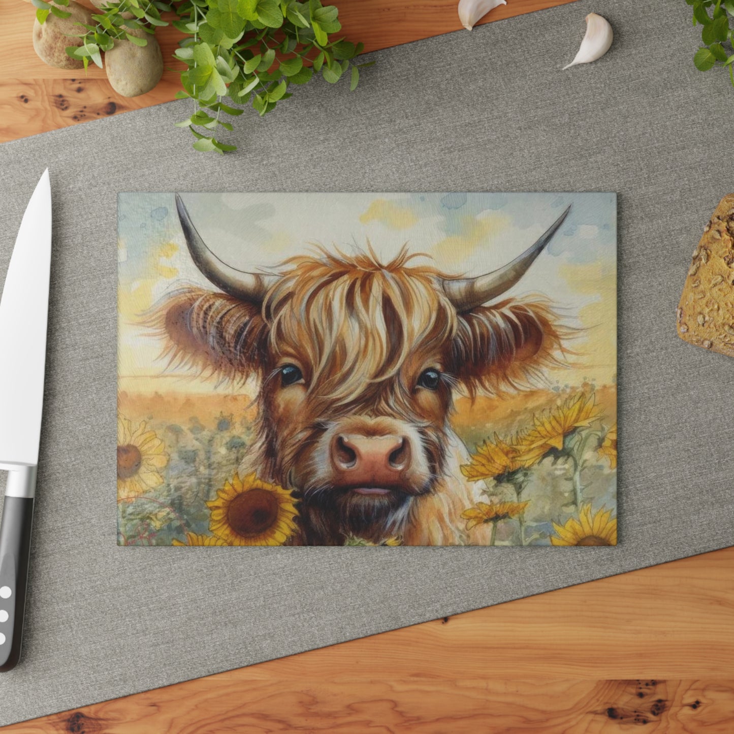 Tabla de cortar de vidrio templado con diseño de vaca de las Tierras Altas, tabla de cortar con diseño de girasol, decoración rústica de granja, regalo para amantes de las vacas, tabla de charcutería, regalos para vacas