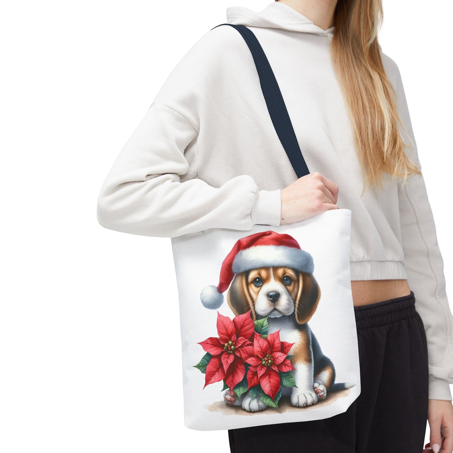 🐶 Beagle Puppy & Poinsettia Christmas Tote Bag – Sweet Holiday Charm in Every Step 🎄