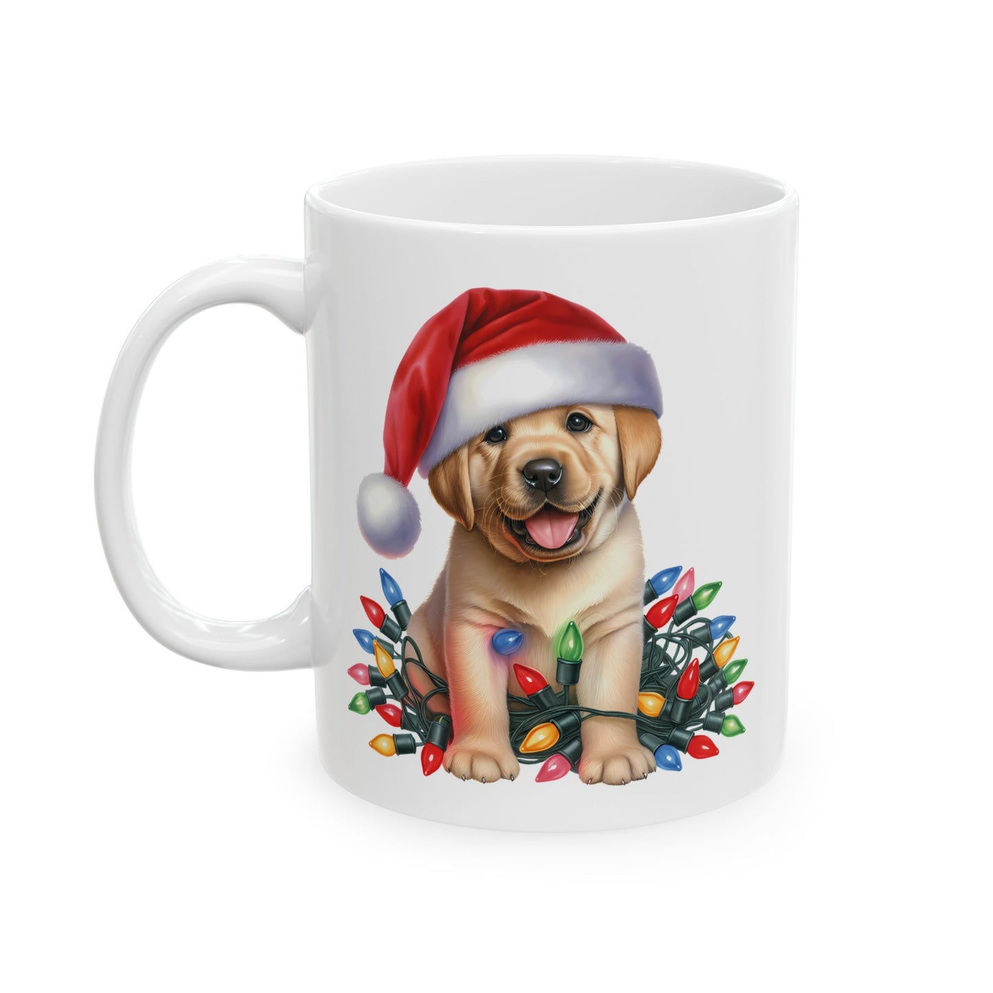 🎄 Labrador Puppy Christmas Mug – Santa Hat & Holiday Lights Cheer 🐾