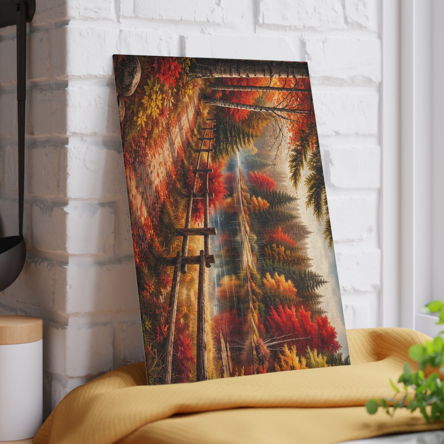 Autumn Lakeside Path Glass Cutting Board – Rustic Fall Forest Lake Kitchen Art