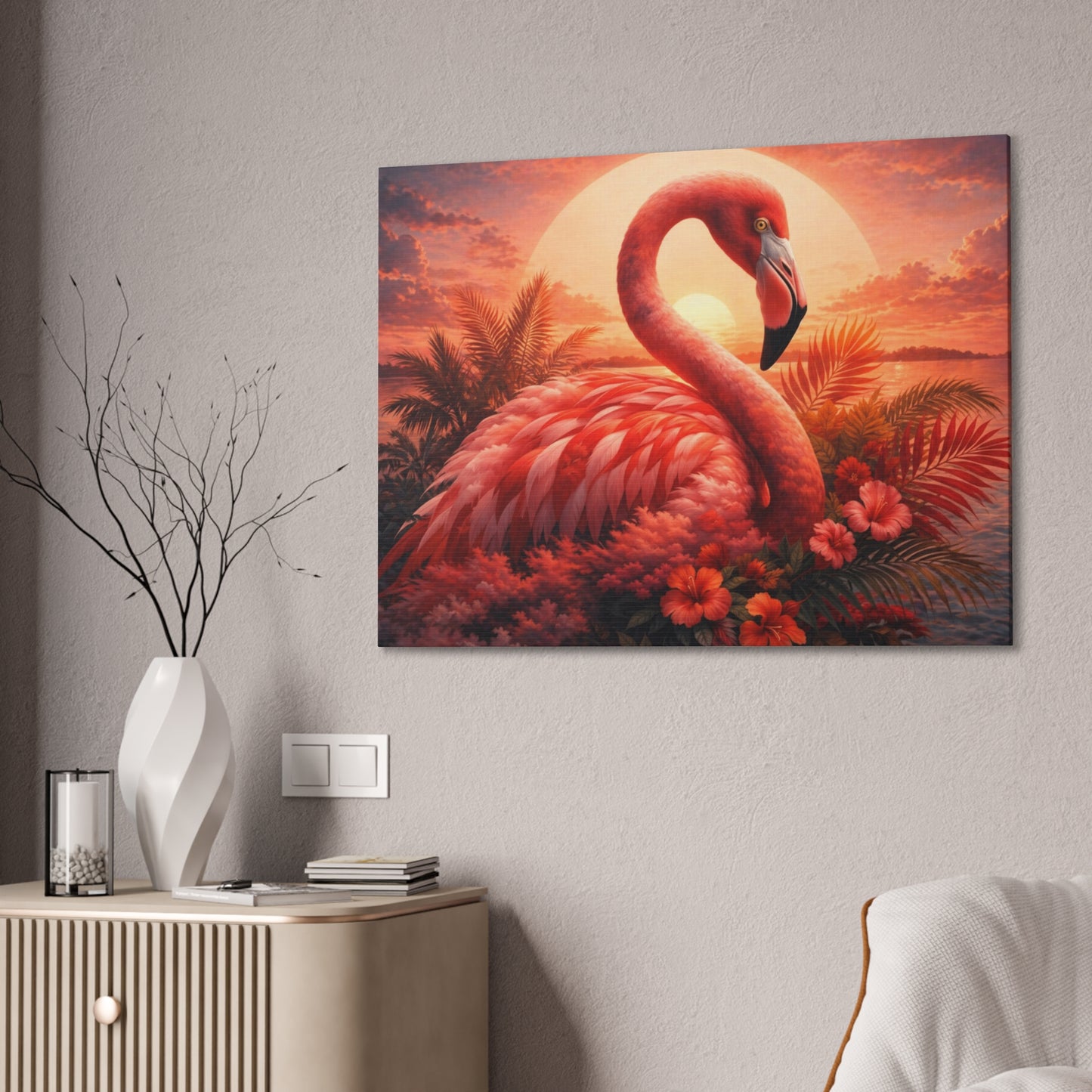 Large Flamingo Sunset Canvas Wall Art – Tropical Coastal Beach Décor