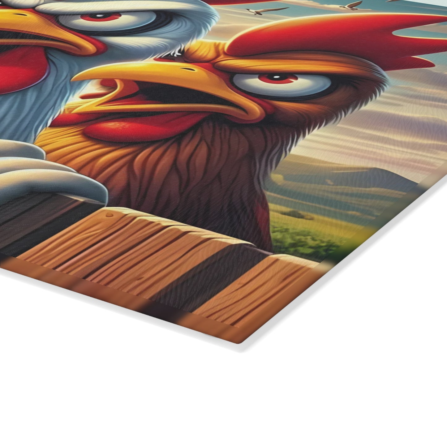 🐔 Three Angry Chickens Glass Cutting Board – Funny Farmhouse Kitchen Decor