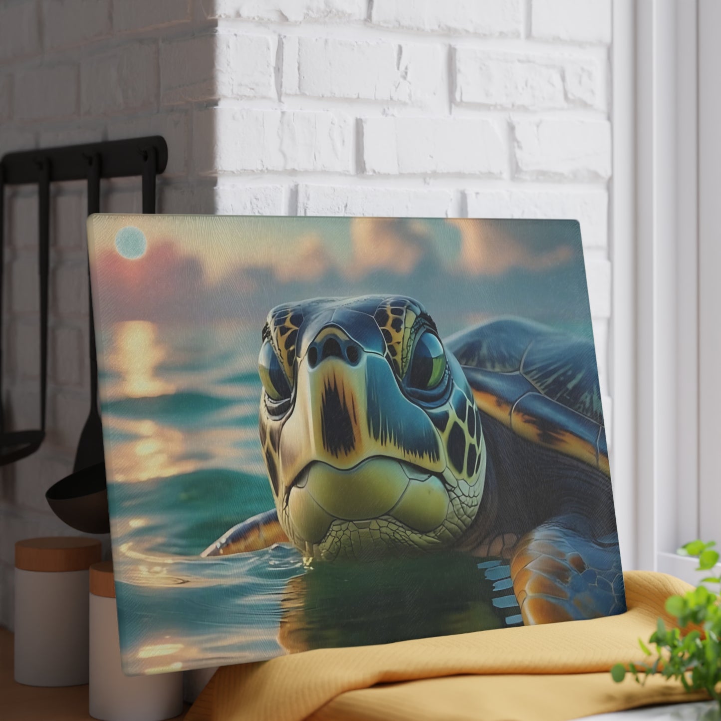 Tabla de cortar de vidrio con diseño de tortuga marina | Decoración de cocina con ambiente costero y oceánico