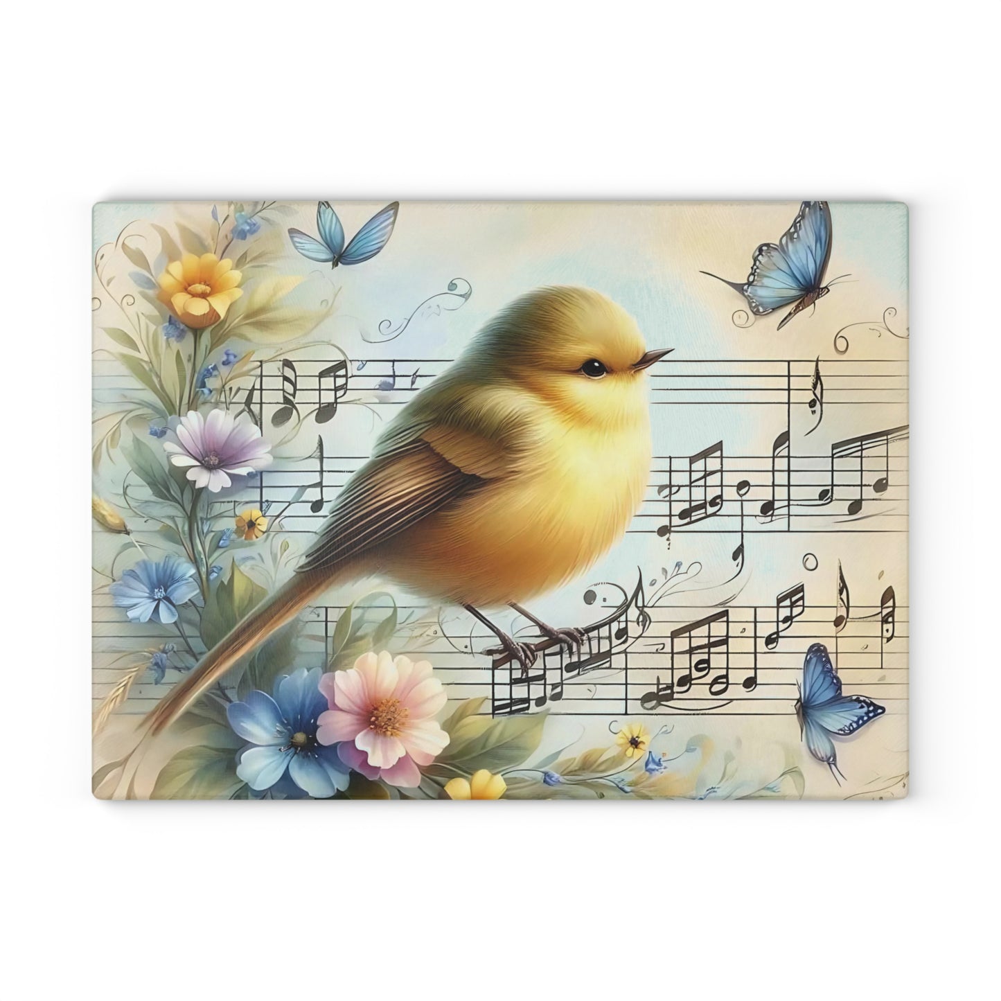 Tabla de cortar de vidrio templado con forma de pájaro rodeada de mariposas, flores y notas musicales.