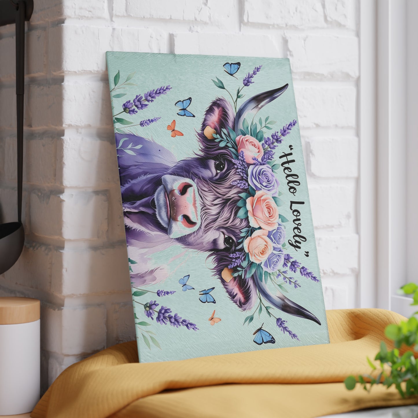 🐮 “Hello Lovely” Highland Cow Cutting Board – Floral Charm Meets Farmhouse Style