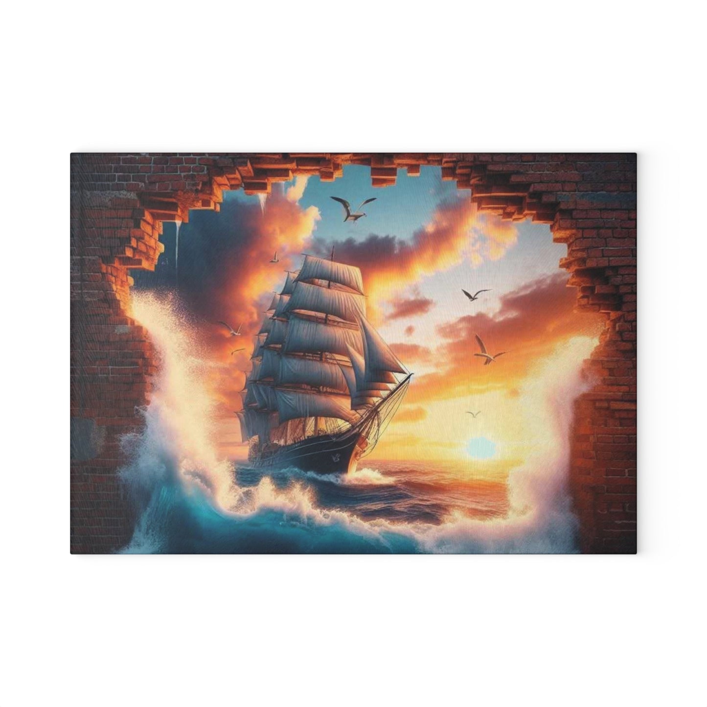 Tabla de cortar de vidrio templado de un majestuoso velero que atraviesa una pared de ladrillos desmoronada
