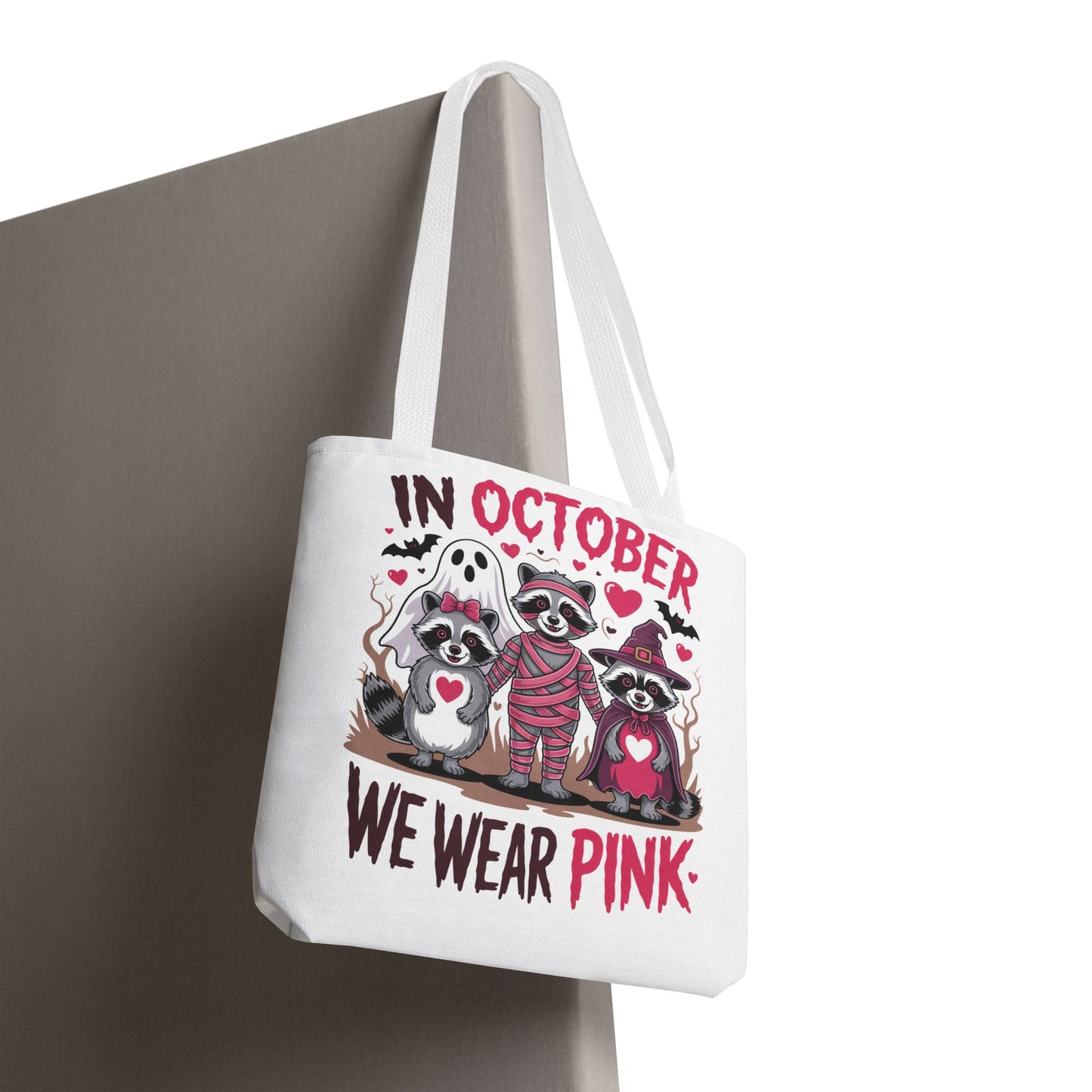 🎀 In October We Wear Pink Raccoon Halloween Tote Bag – Spooky Cute Awareness Style 🦝👜