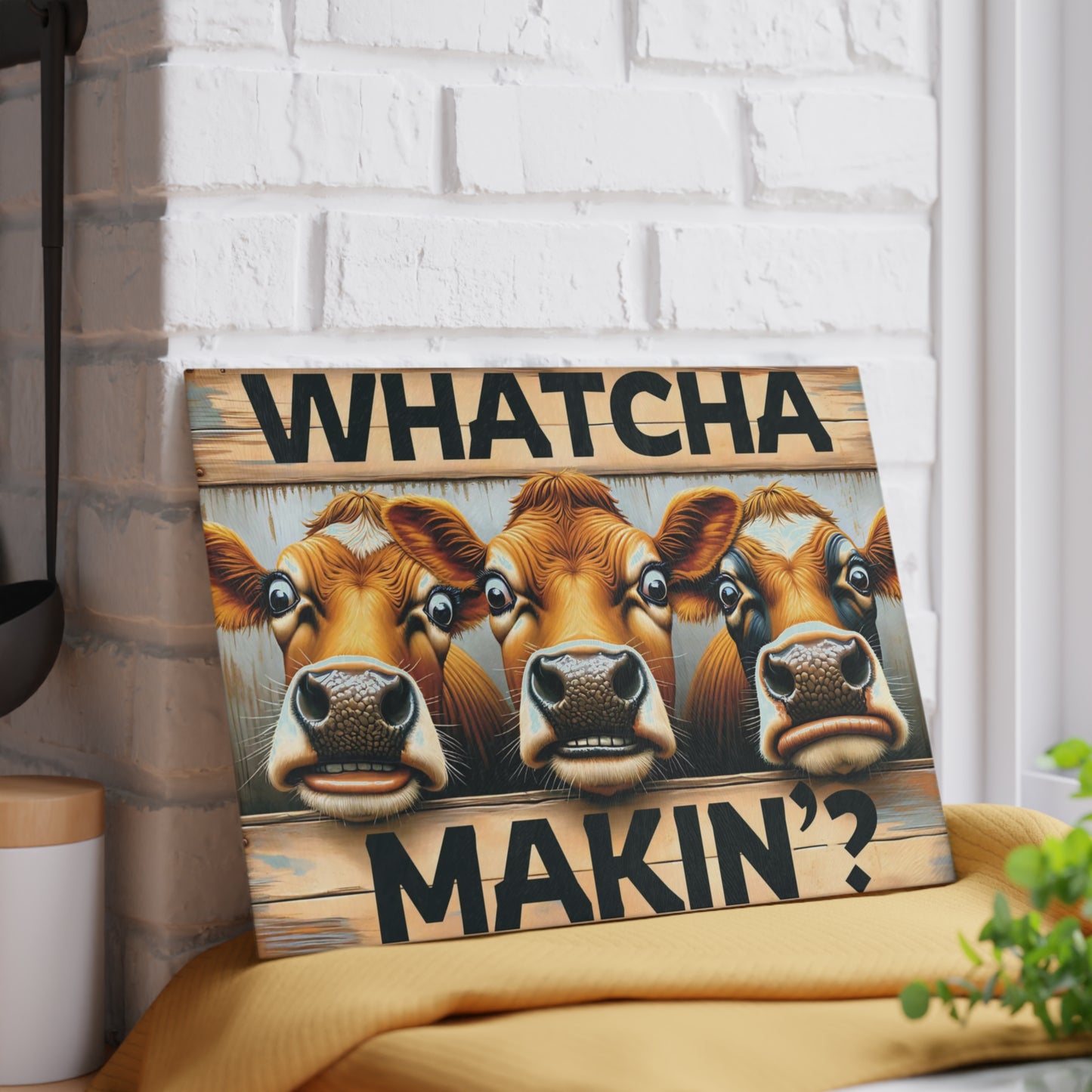 🐮🤠 “Whatcha Makin’?” Glass Cutting Board – Cozy Charm for Your Kitchen