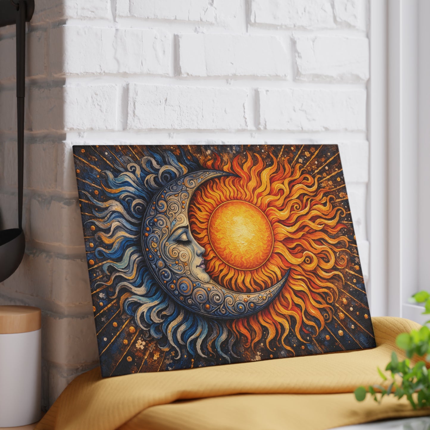 Celestial Sun and Moon Glass Cutting Board – Cosmic Balance Artwork