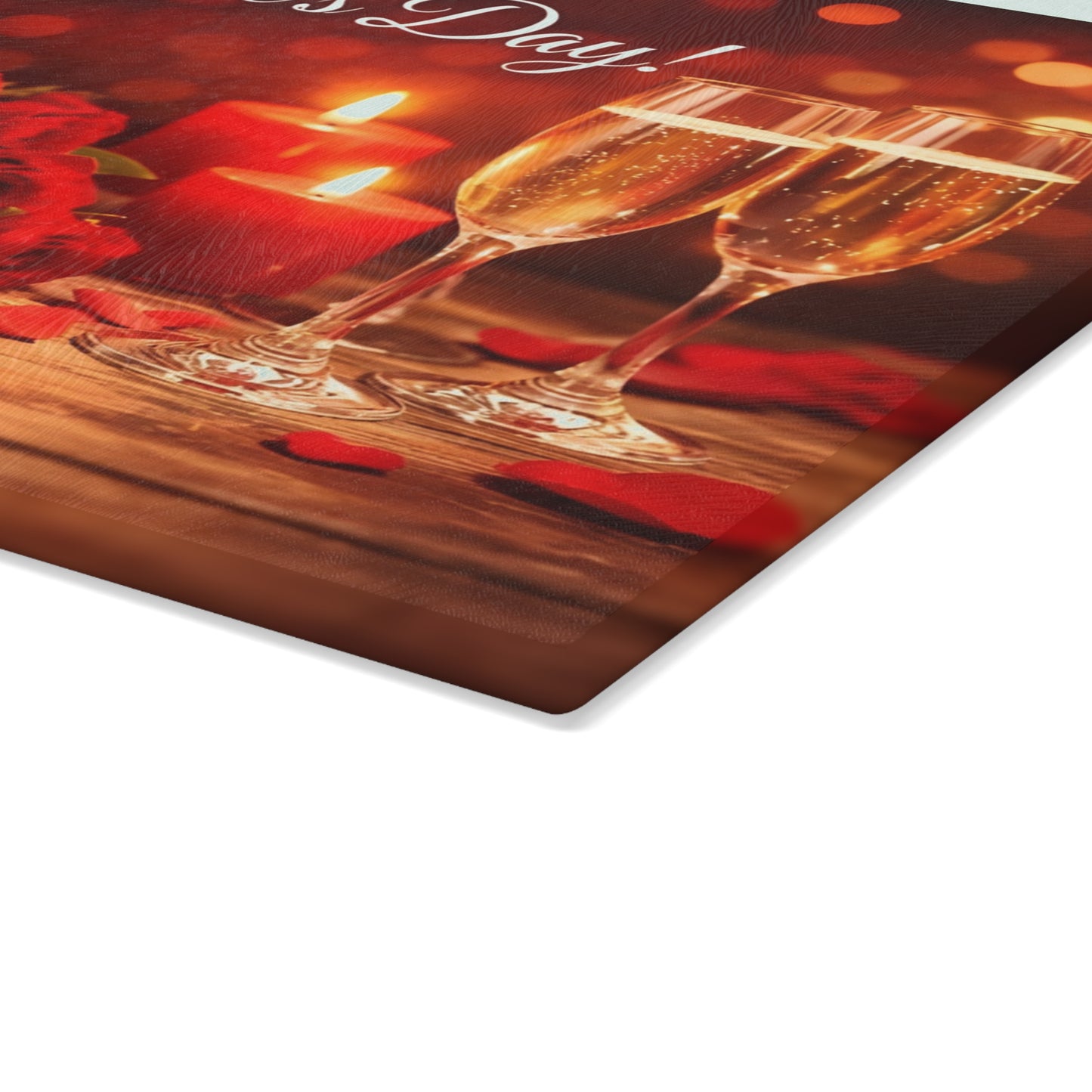 Happy Valentine’s Day Champagne & Roses Glass Cutting Board – Romantic Evening Kitchen Accent