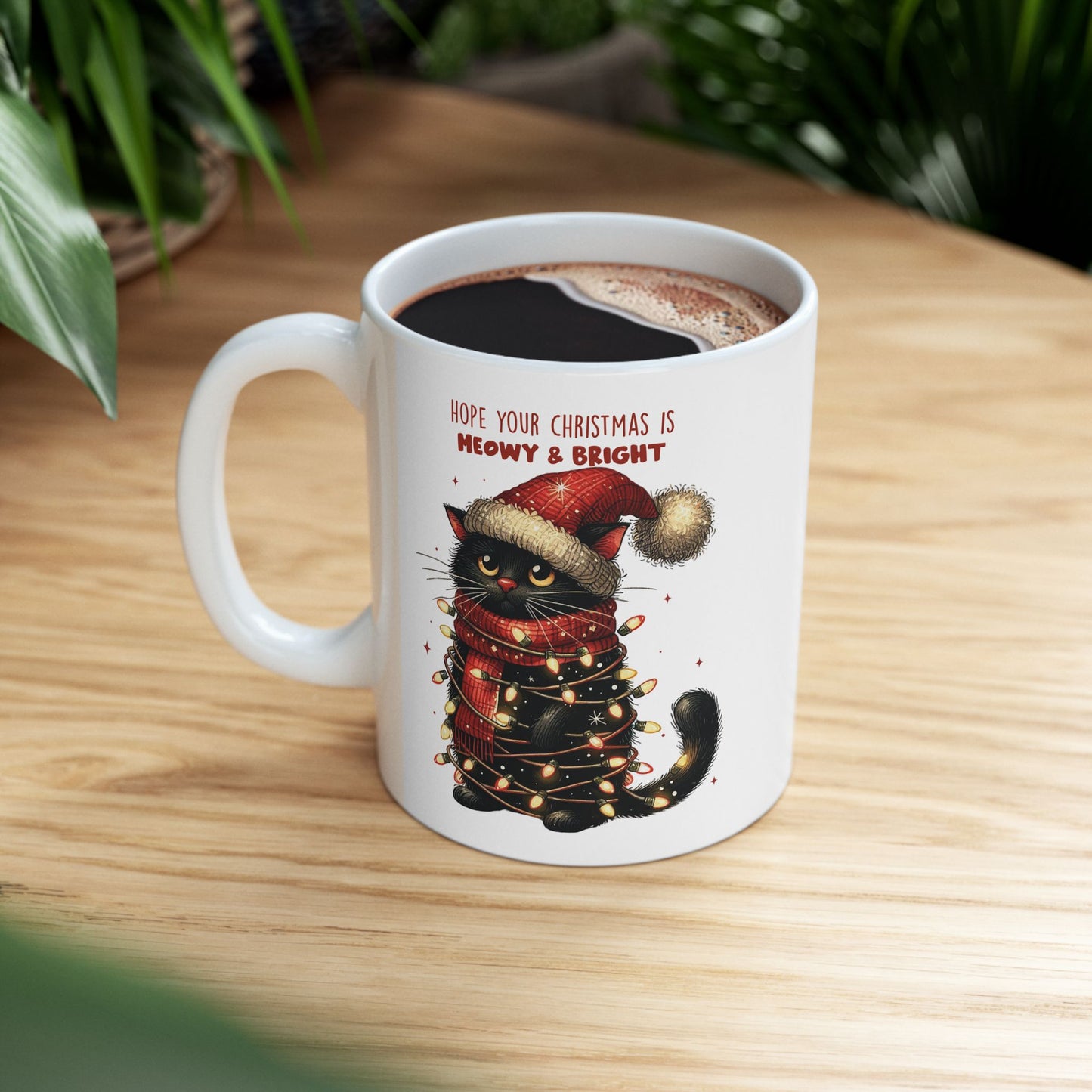 🐾🎄 Meowy & Bright Cat Christmas Mug – Festive Black Cat with Lights & Sass 🎅✨