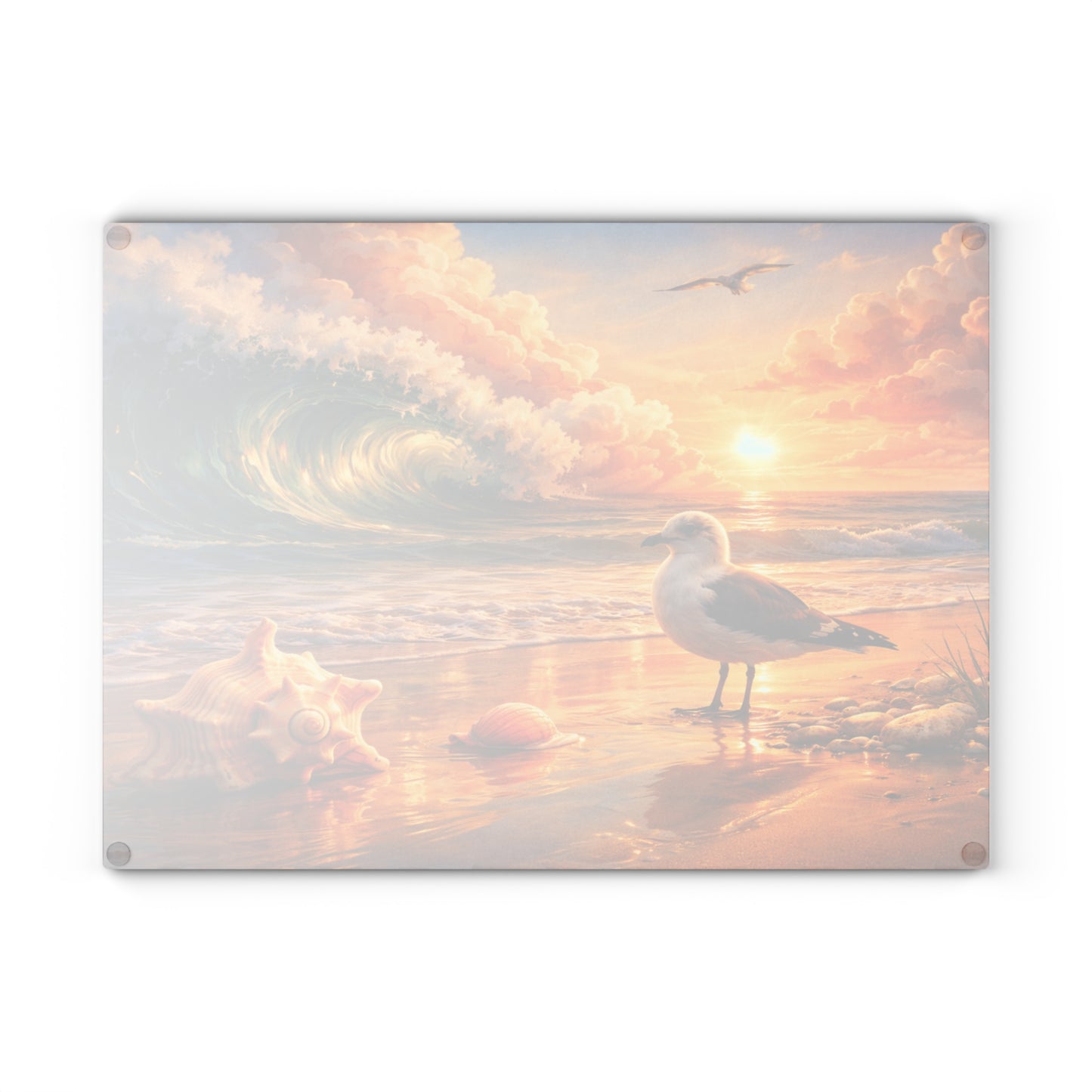 Golden Coastal Wave Glass Cutting Board – Ocean Sunset Seagull Beach Kitchen Art