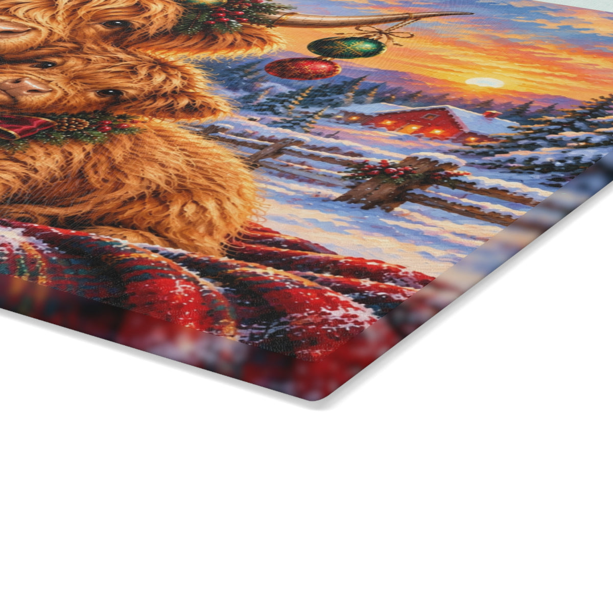 Christmas Highland Cow and Baby Calf Tempered Glass Cutting Board – Festive Farmhouse Winter Art – 11 × 15 Inches