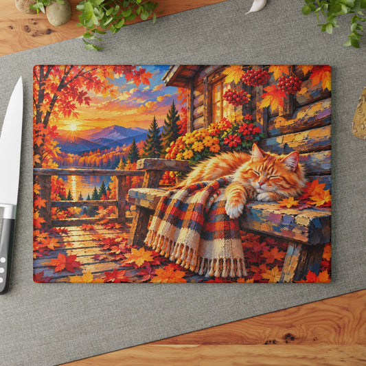 Cozy Autumn Cat – Orange Tabby Fall Sunset Tempered Glass Cutting Board – Rustic Cabin & Colorful Maple Leaves Kitchen Decor
