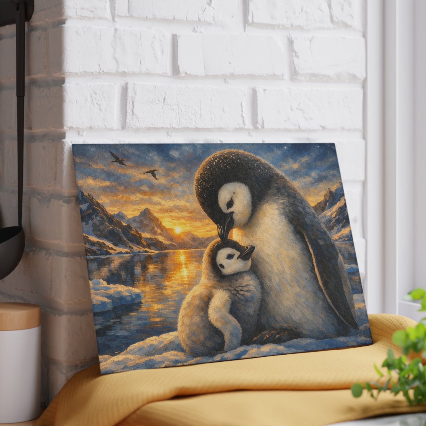 Penguins at Golden Arctic Sunset Glass Cutting Board – Mother and Baby Wildlife Artwork