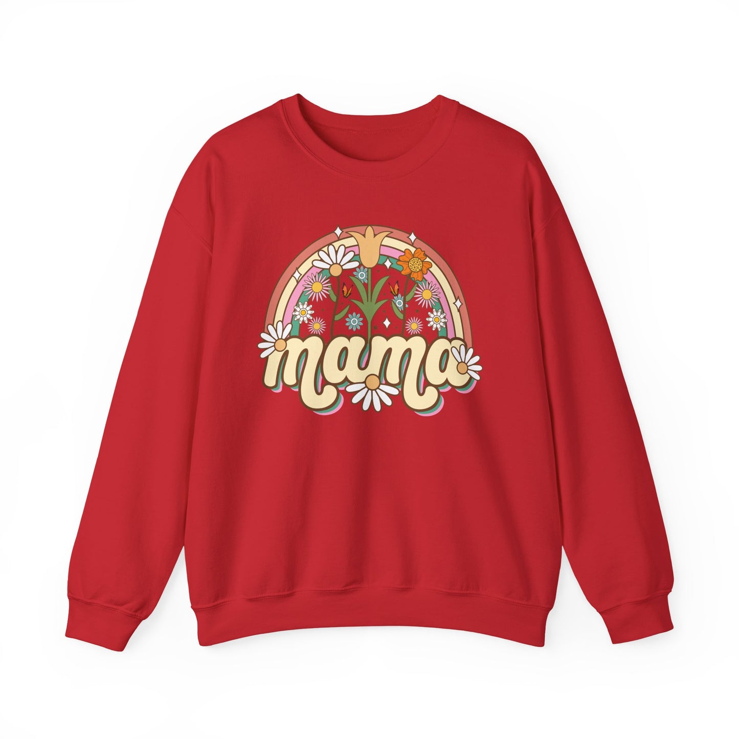 🌼🌈 Retro Floral Mama Sweatshirt – Vintage Rainbow Daisy Mom Crewneck