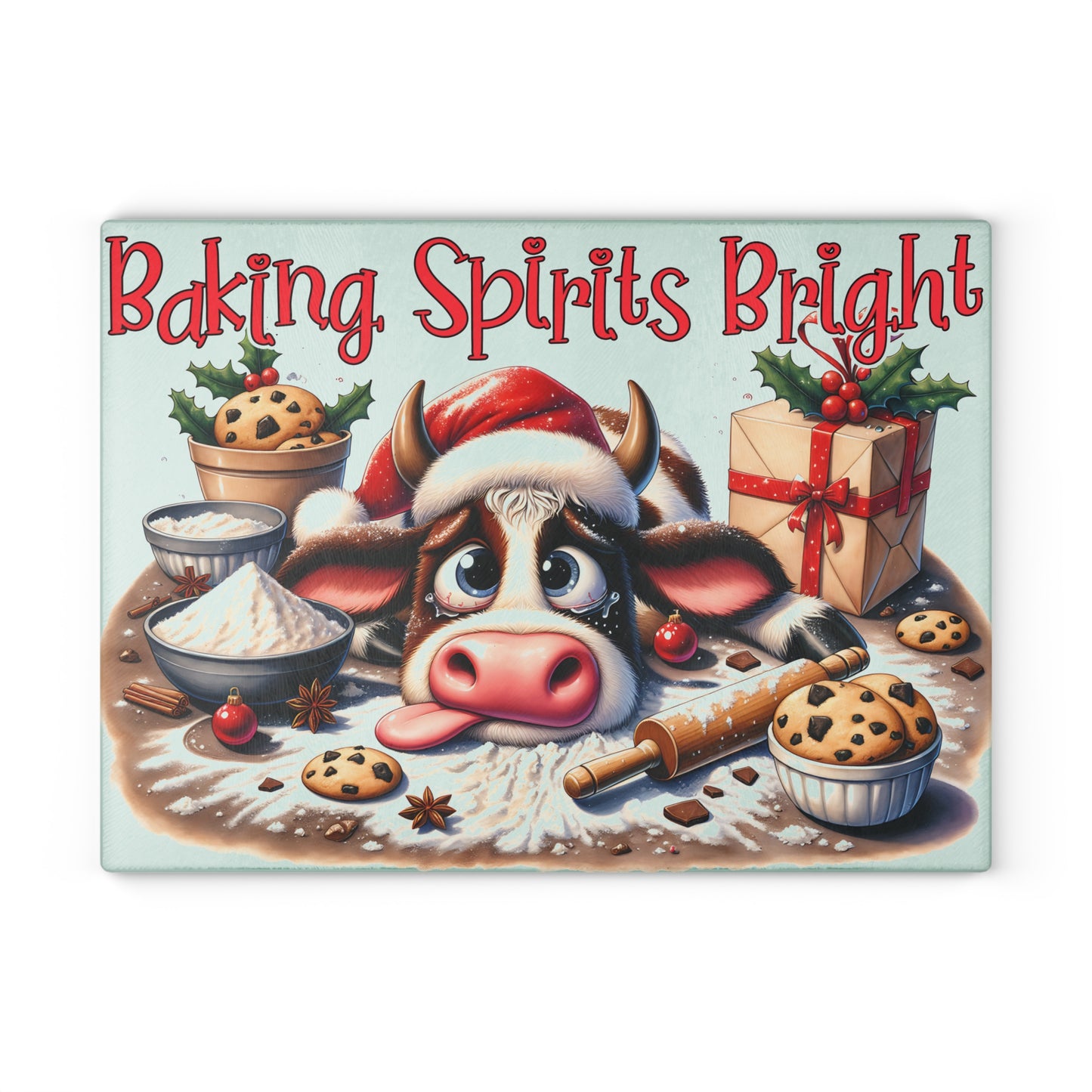 🐄✨ Baking Spirits Bright Cow Cutting Board – Festive Farmhouse Kitchen Charm