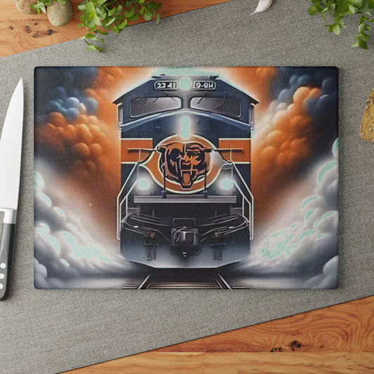 Tabla de cortar de vidrio Express azul marino y naranja: un arte de tren impactante para cocinas audaces