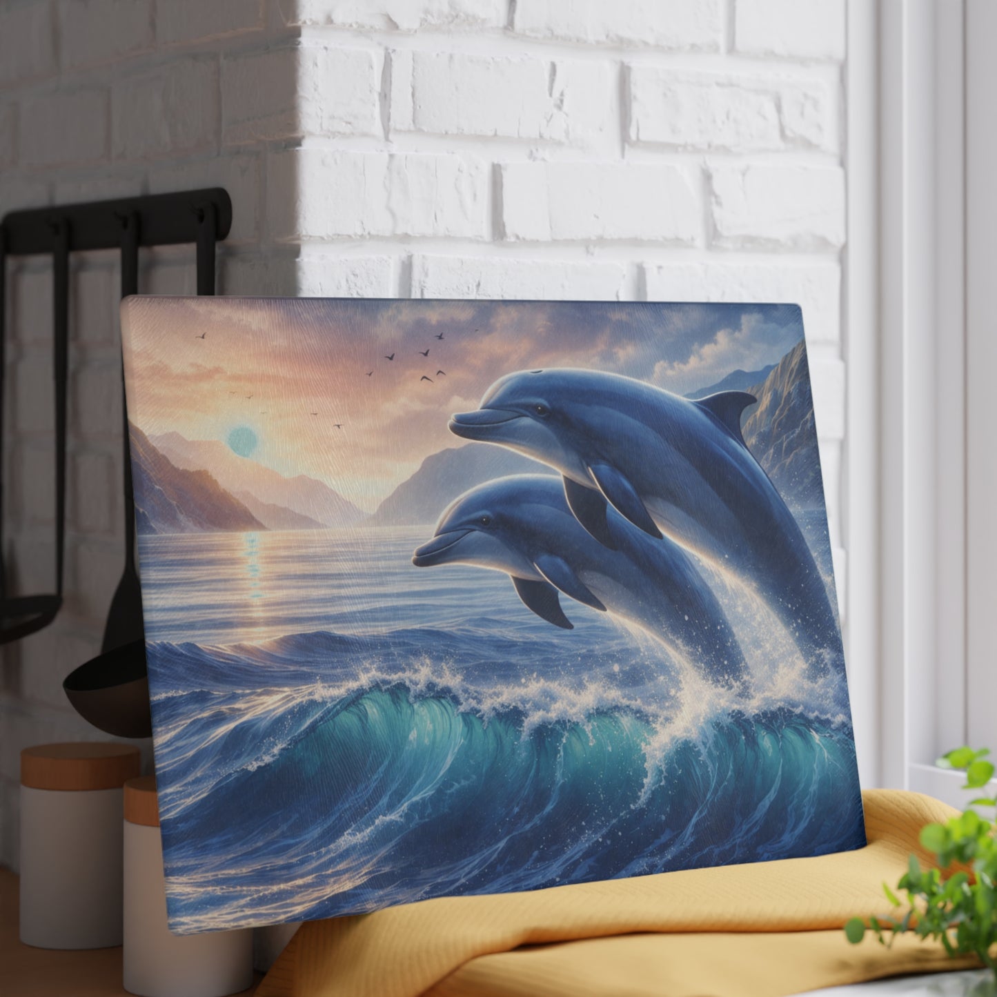 Dolphin Sunset Glass Cutting Board – Ocean-Inspired Artwork with Joyful Dolphins