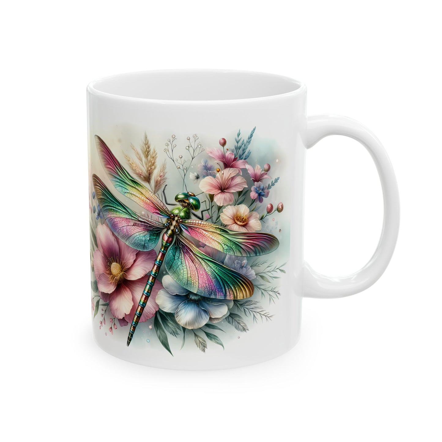 🌈 Magia del Jardín Arcoíris – Envoltorio para Taza de Café con Libélula Vibrante ☕