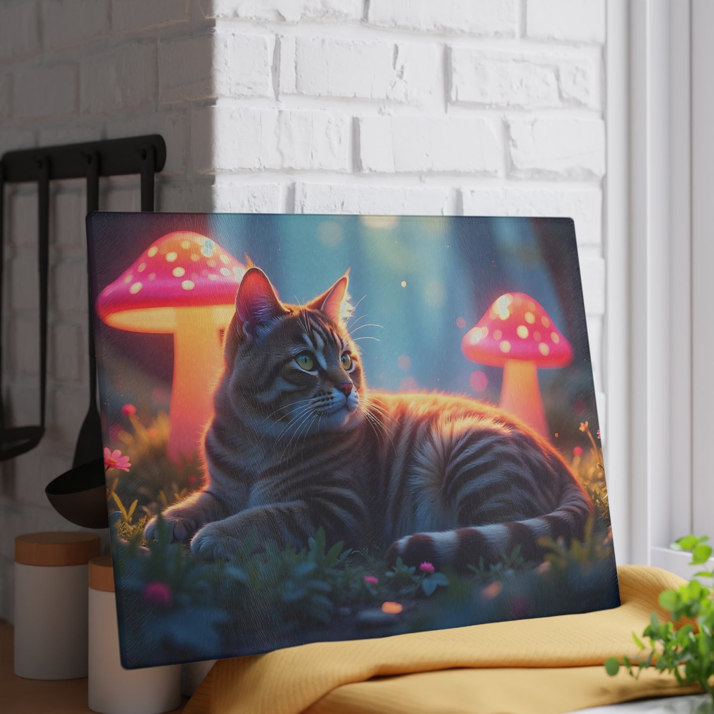 🐱🍄 Cat and Mushroom Cutting Board – Whimsical Nighttime Magic 🌌