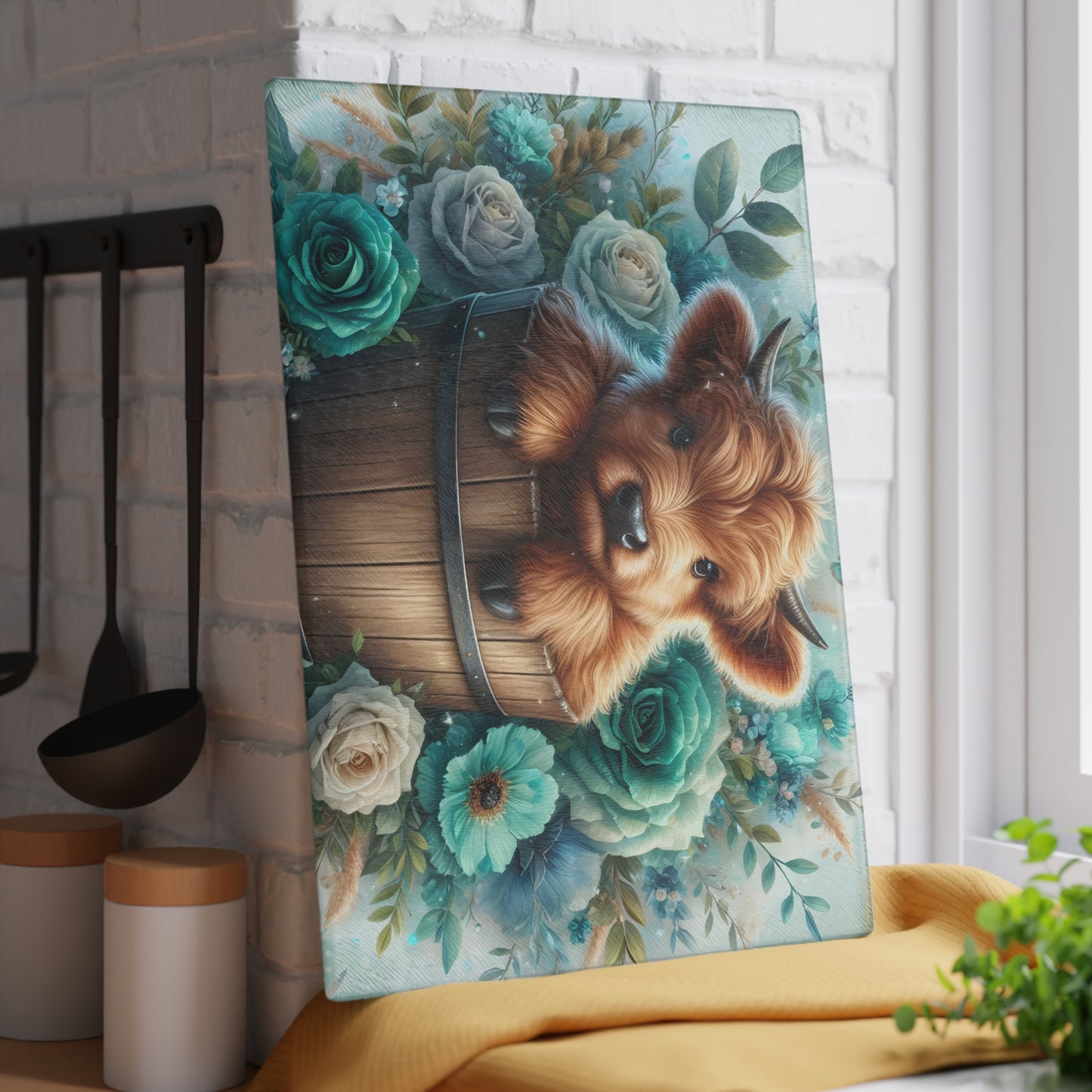 🐮 Highland Calf in a Bucket Cutting Board – Rustic Charm Meets Floral Elegance 🌿