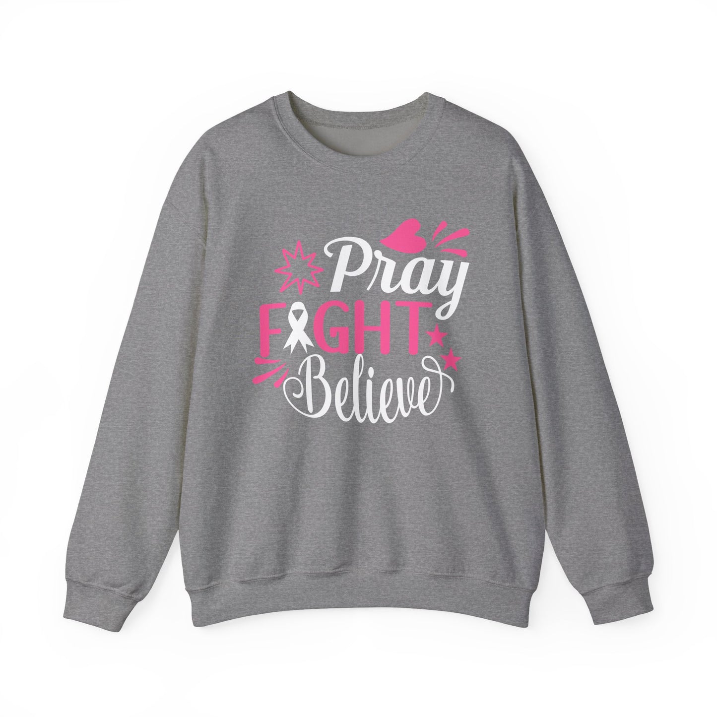 🙏🎀 Pray Fight Believe Sweatshirt – Breast Cancer Awareness & Faith Crewneck