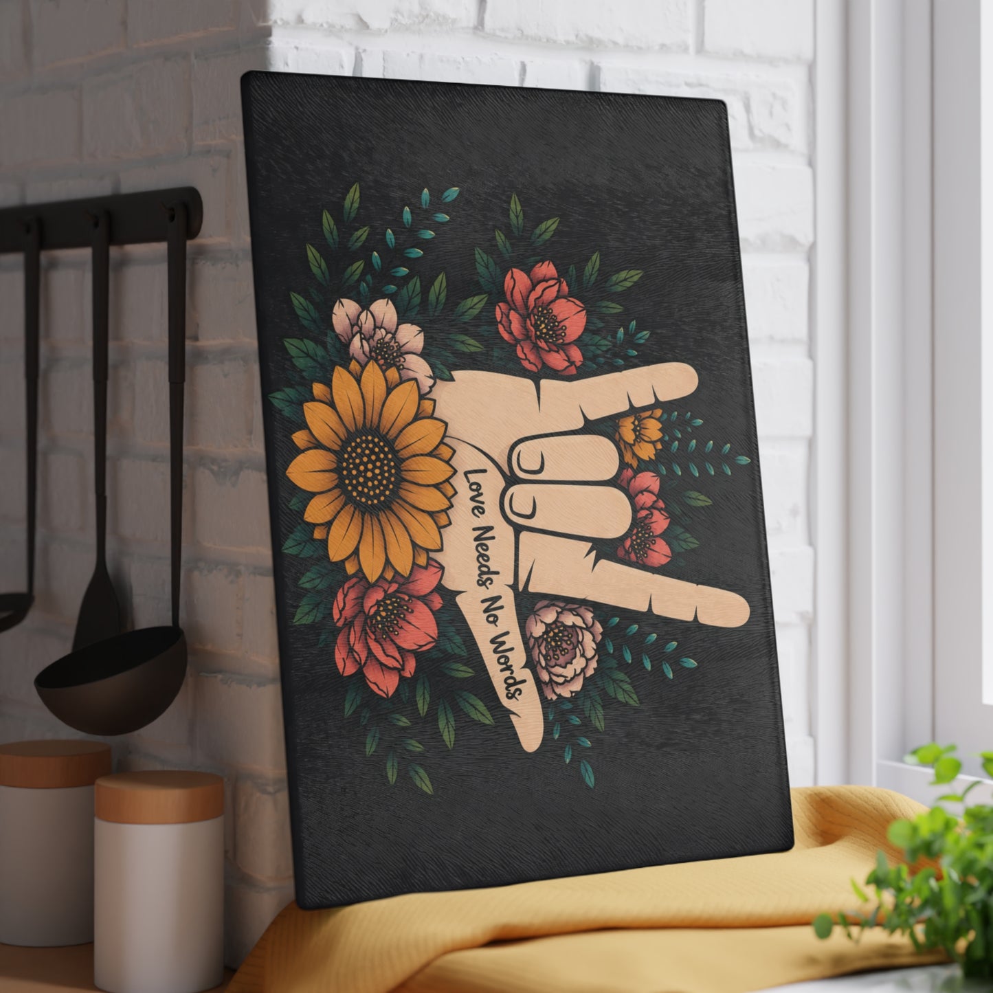 Love Needs No Words Glass Cutting Board – Floral ASL Hand Design