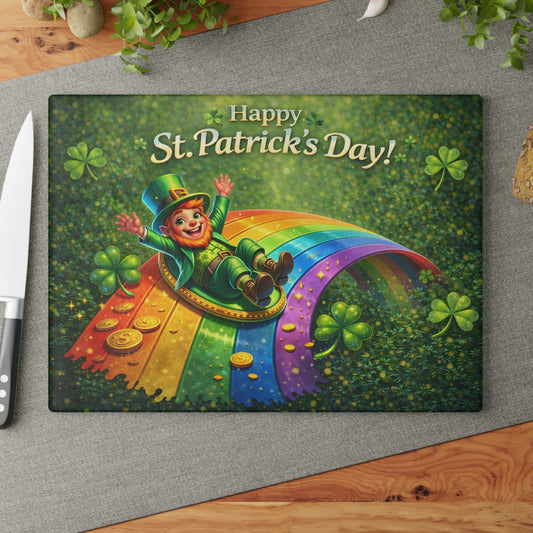 St. Patrick’s Day Leprechaun Rainbow Glass Cutting Board – Whimsical Irish-Inspired Kitchen Decor