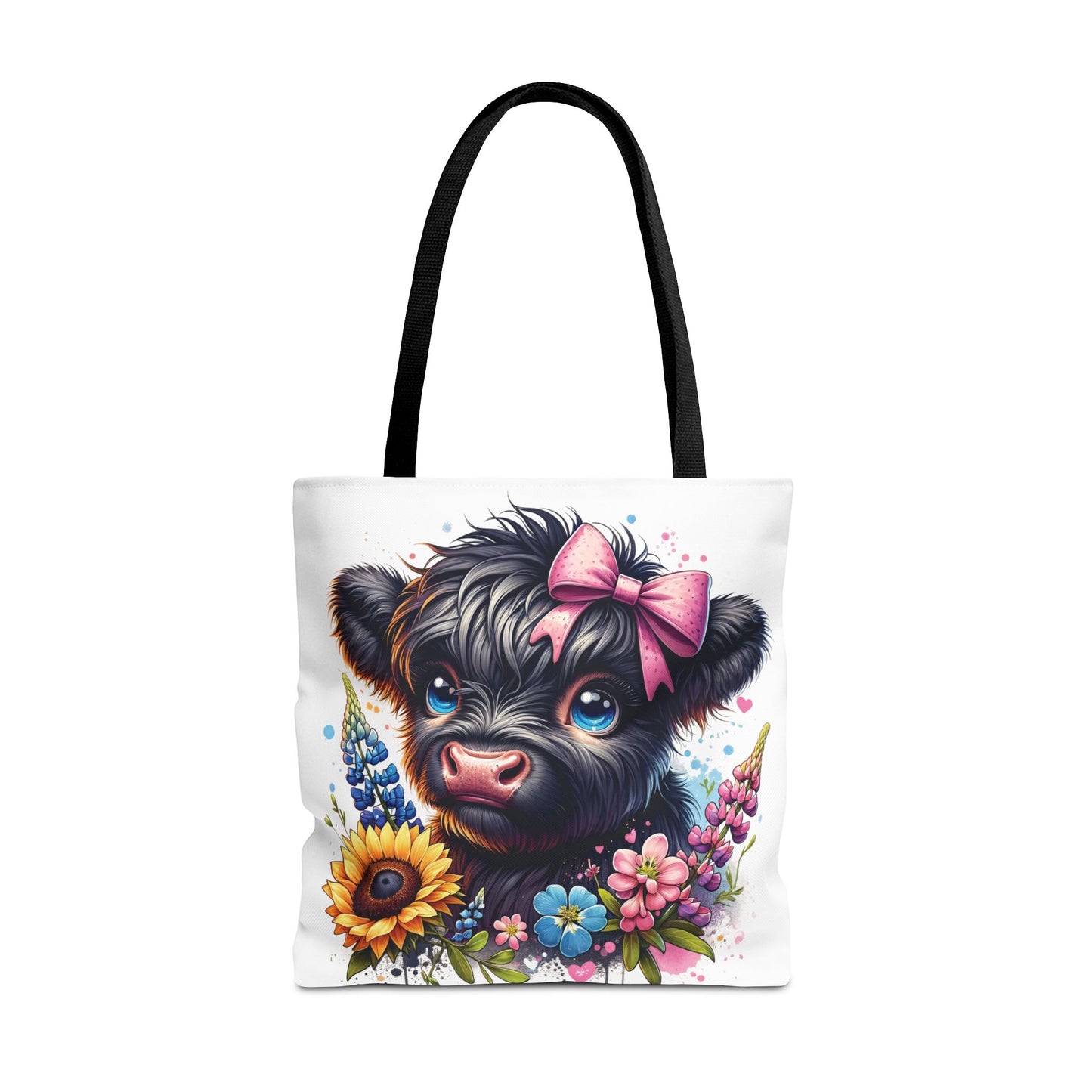 🌸 Black Highland Calf Floral Tote Bag – Sweet Style for Every Age 🐮👜