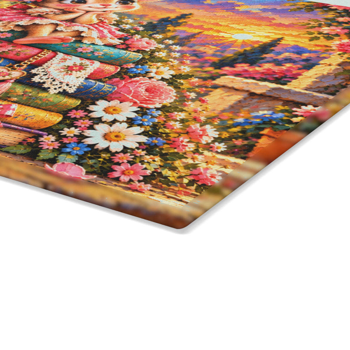 Adorable Mouse on Colorful Books Tempered Glass Cutting Board – Whimsical Floral Storybook Art – 11 × 15 Inches