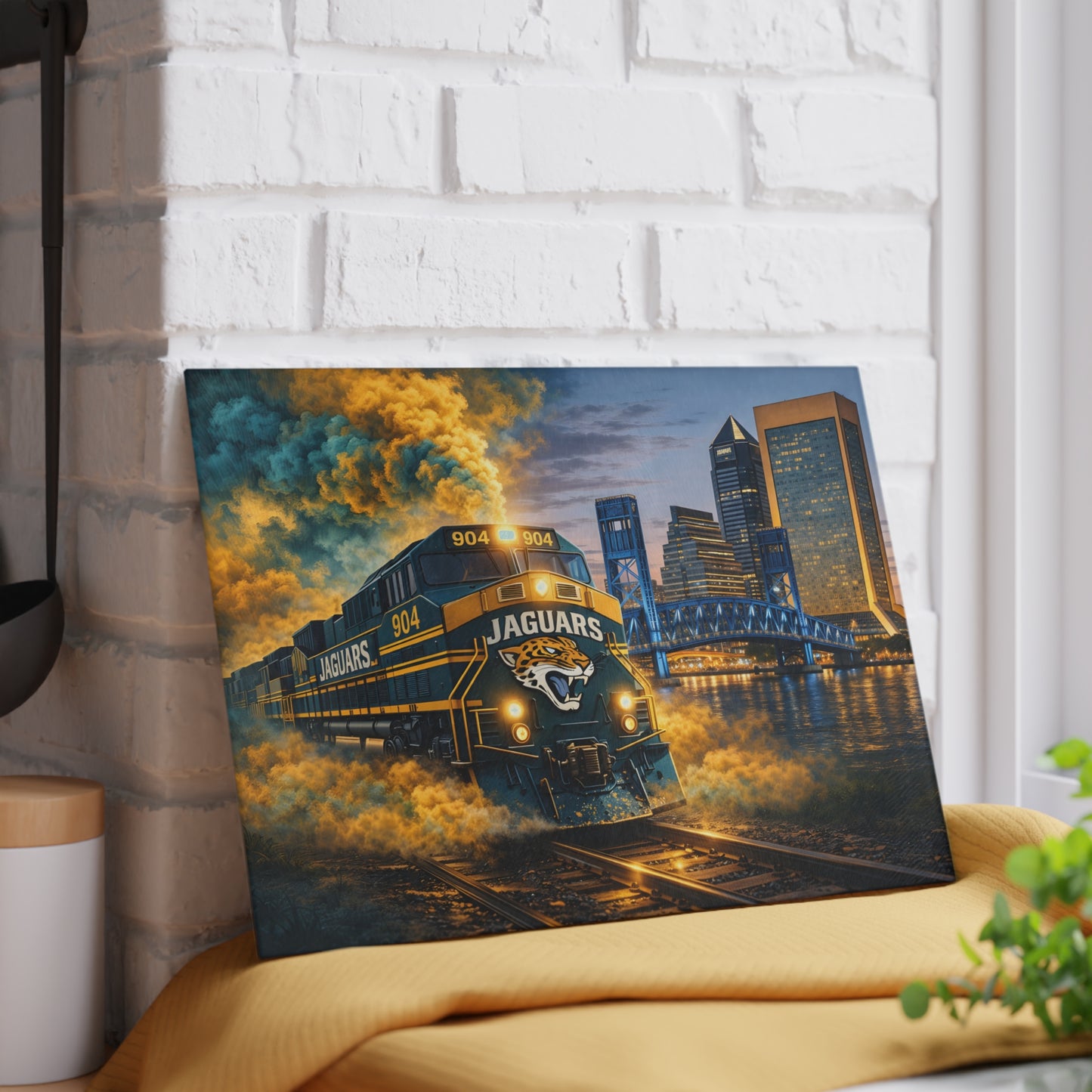 Teal & Gold Power Express Glass Cutting Board – Bold Train Art Kitchen Display