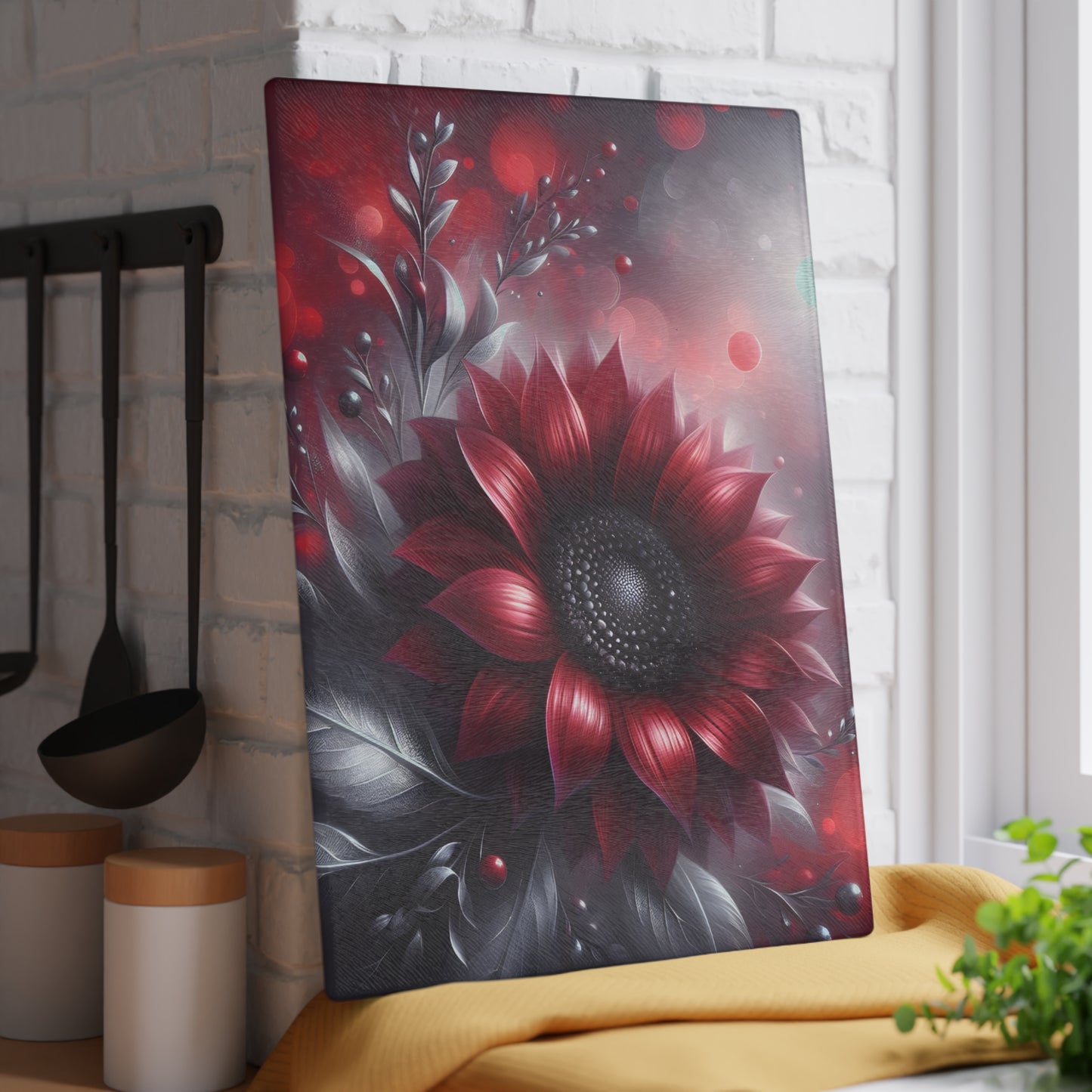 🌻🖤 Red and Black Sunflower Cutting Board – Bold Elegance for Your Kitchen 🌹
