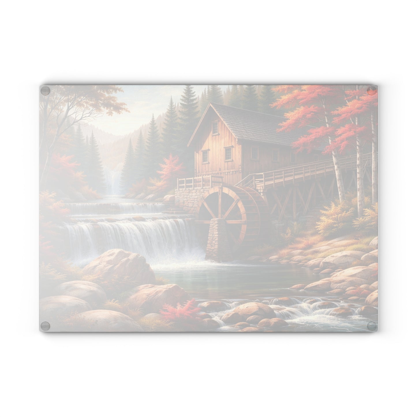 Autumn Watermill Landscape Glass Cutting Board – Rustic Mill and Waterfall Kitchen Art