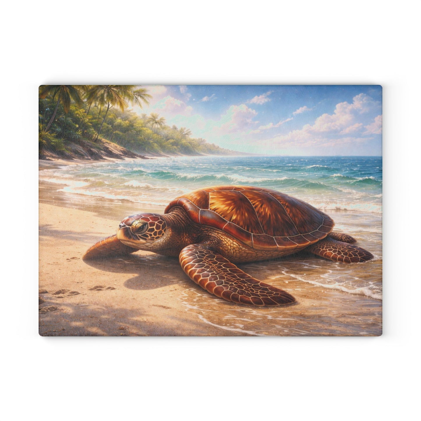 Sea Turtle Tropical Beach Glass Cutting Board – Coastal Ocean Wildlife Kitchen Art